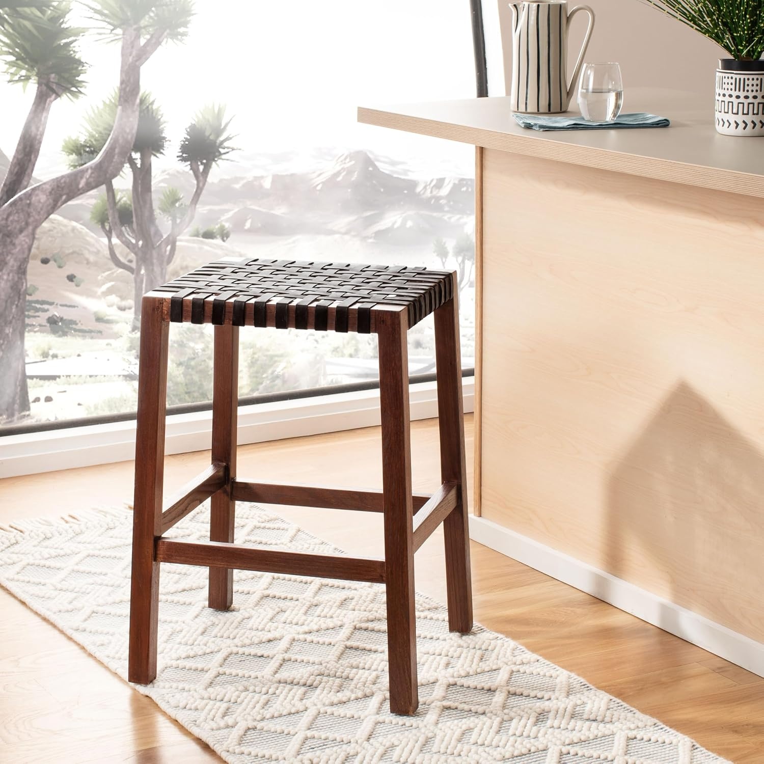 image:imageSAFAVIEH Home Capri Brown Wood and Leather 27inch Counter StoolBrown Brown
