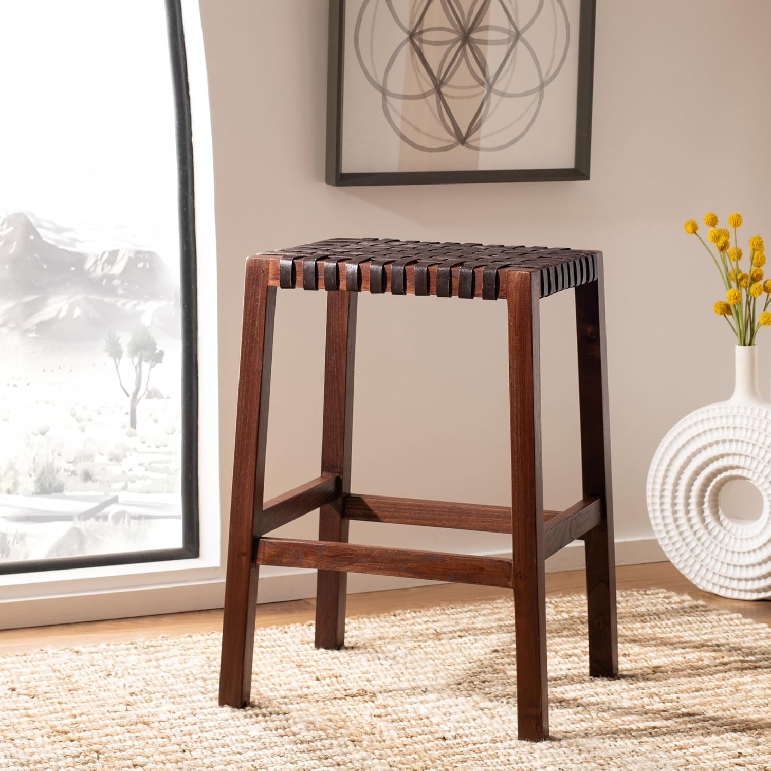 image:imageSAFAVIEH Home Capri Brown Wood and Leather 27inch Counter StoolBrown Brown