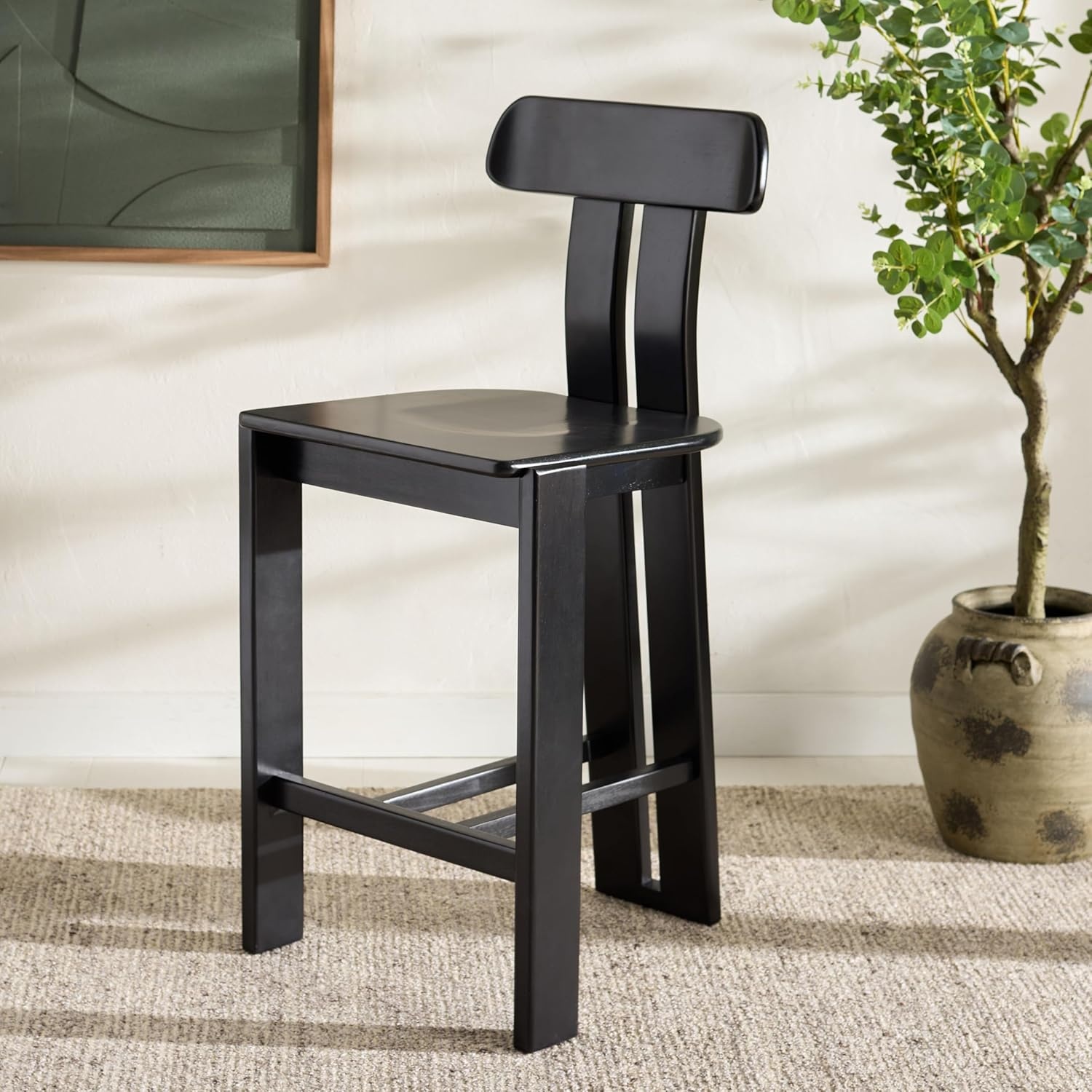 image:imageSAFAVIEH Home Collection Cayde Modern Counter Stool 27inch Seat Height Black Solid Wood Frame BST8801CBlack