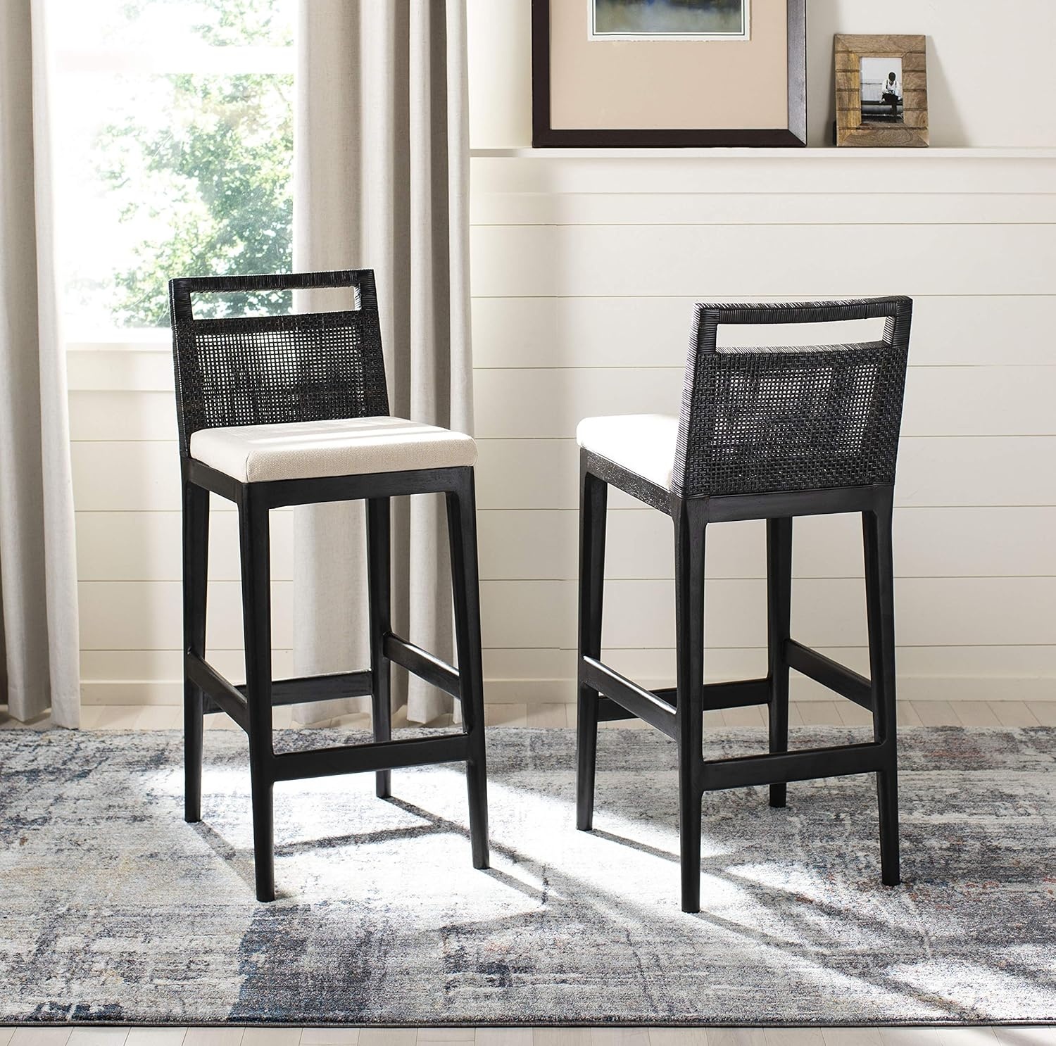 image:imageSAFAVIEH Home Collection Darin Dark Brown amp Black Rattan Bar Stool 29 Inch Seat Height Modern Resort Style Seating SEA4015ABlack White