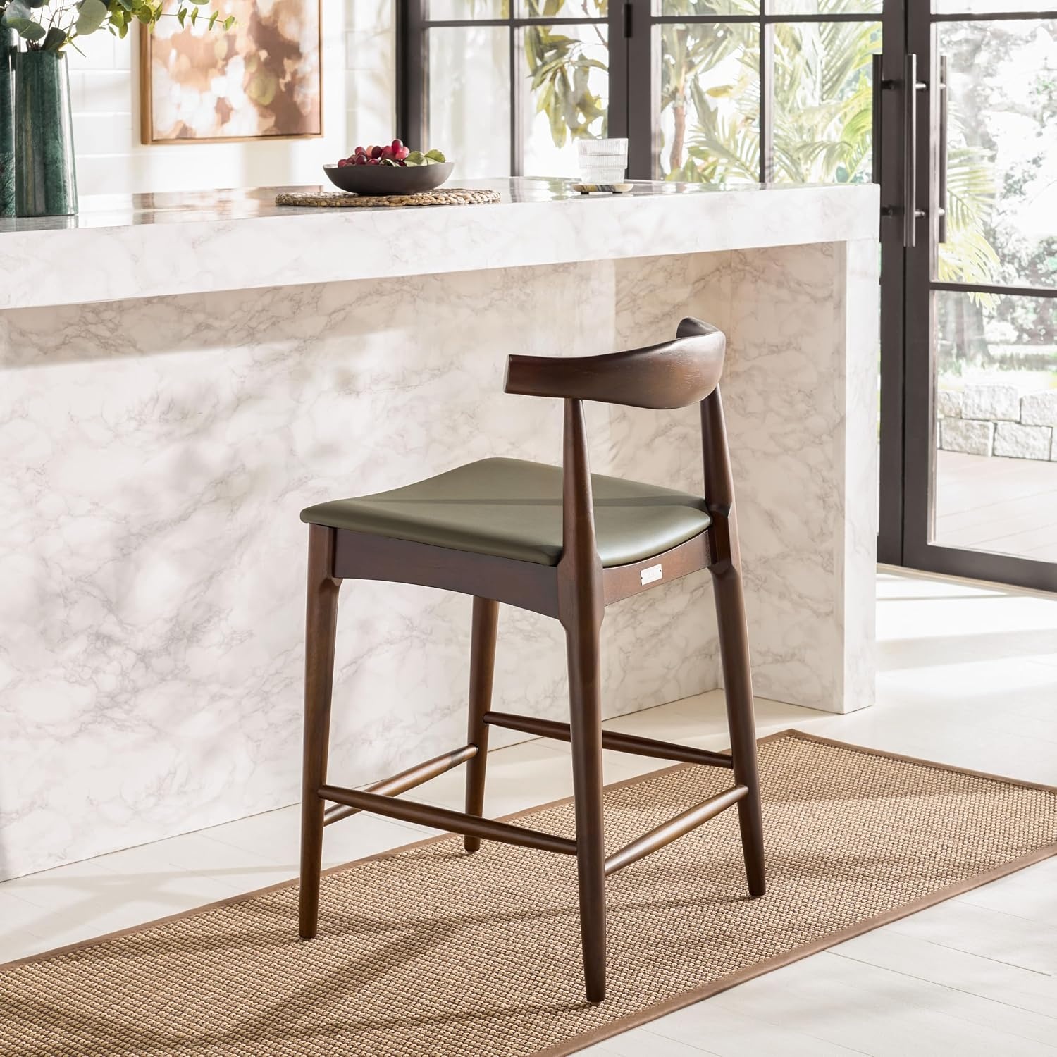 image:imageSAFAVIEH Home Collection Elbow Espresso Solid Wood Counter Stool 24Inch Seat Height Low Back Modern Kitchen Seating Olive Upholstered Seat BST3302A