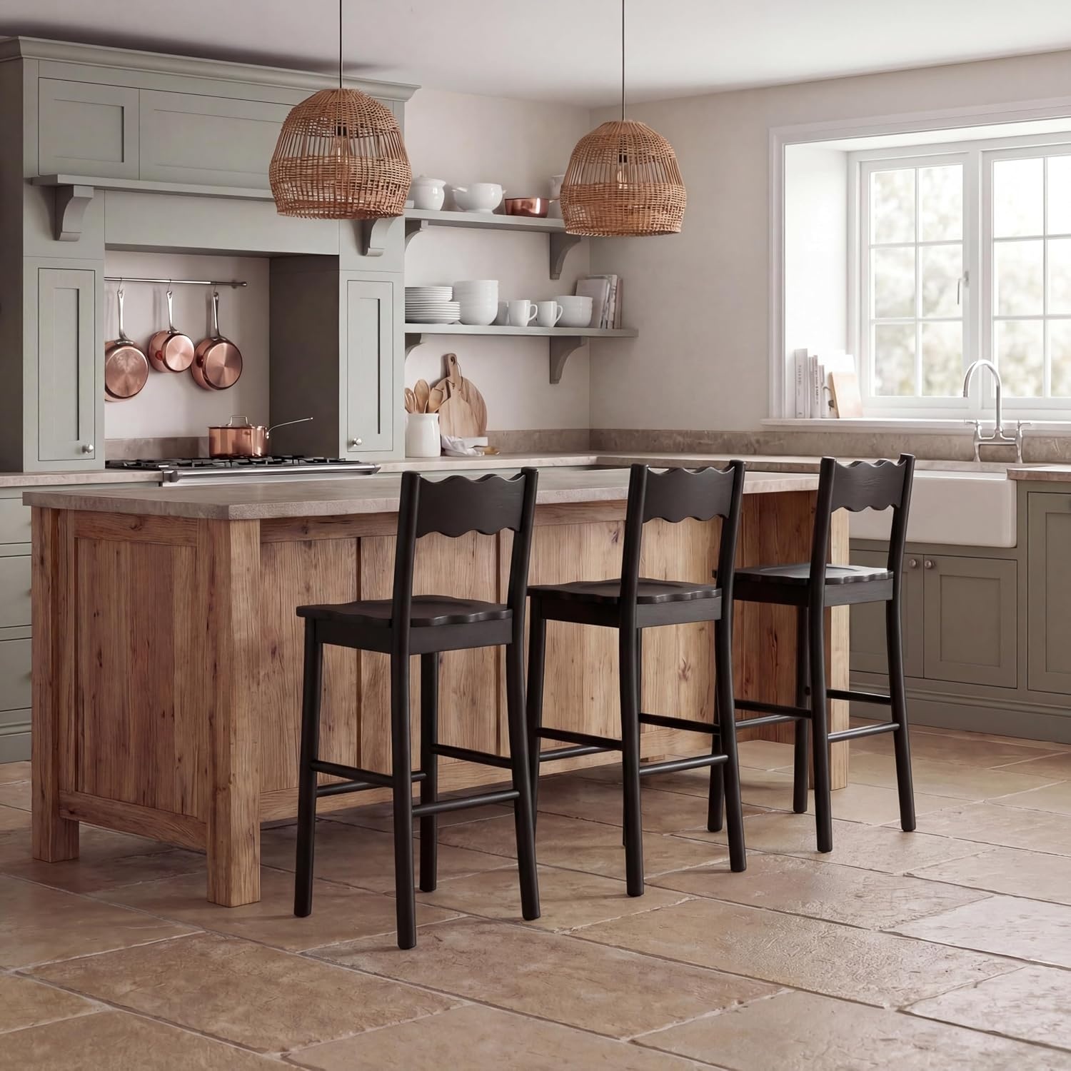 image:imageSAFAVIEH Home Collection Nolly Black Solid Wood Counter Chair ScallopBack Farmhouse Kitchen Seating BST9212B