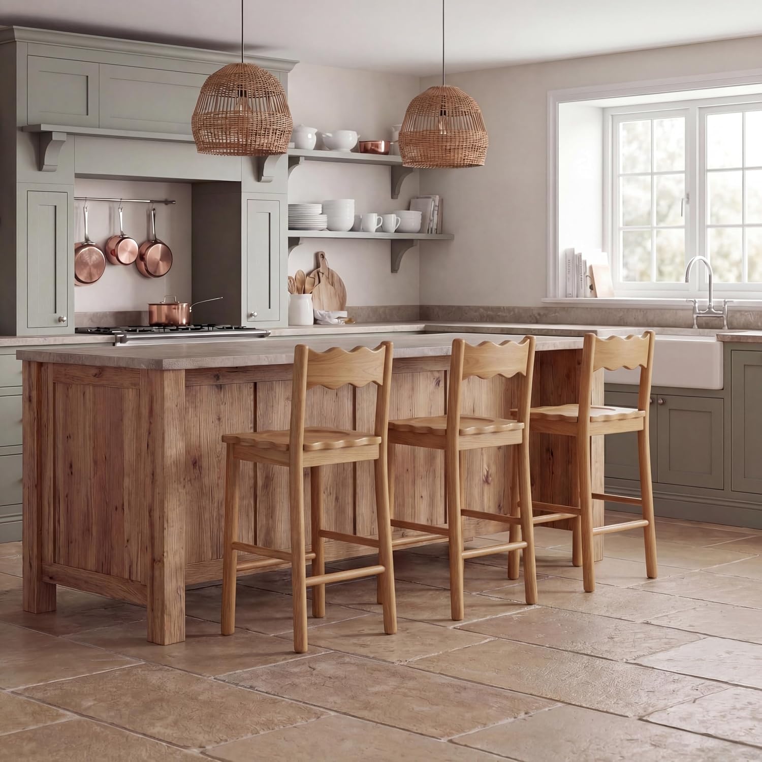 image:imageSAFAVIEH Home Collection Nolly Natural Solid Wood Counter Chair ScallopBack Farmhouse Kitchen Seating BST9212A