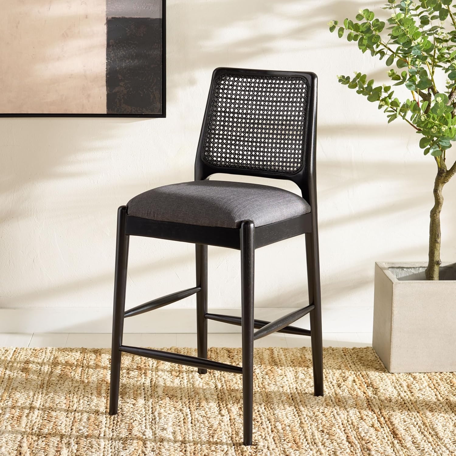 image:imageSAFAVIEH Home Collection Reinhardt Counter Stool 27inch Seat Height Walnut Brown Solid Wood Frame amp Grey Seat with Rattan Back BST8800BGreyBlack