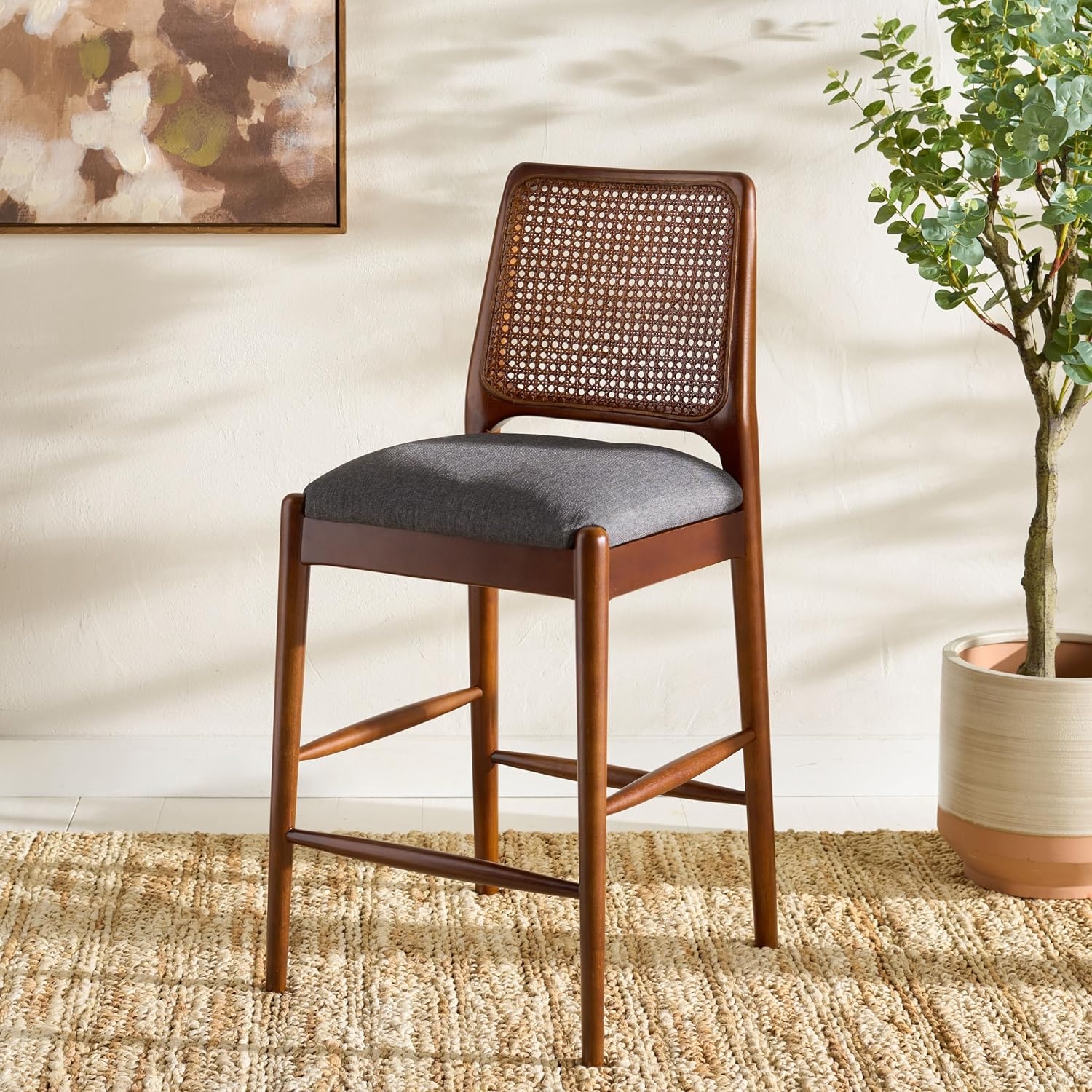 image:imageSAFAVIEH Home Collection Reinhardt Counter Stool 27inch Seat Height Walnut Brown Solid Wood Frame amp Grey Seat with Rattan Back BST8800BGreyWalnut