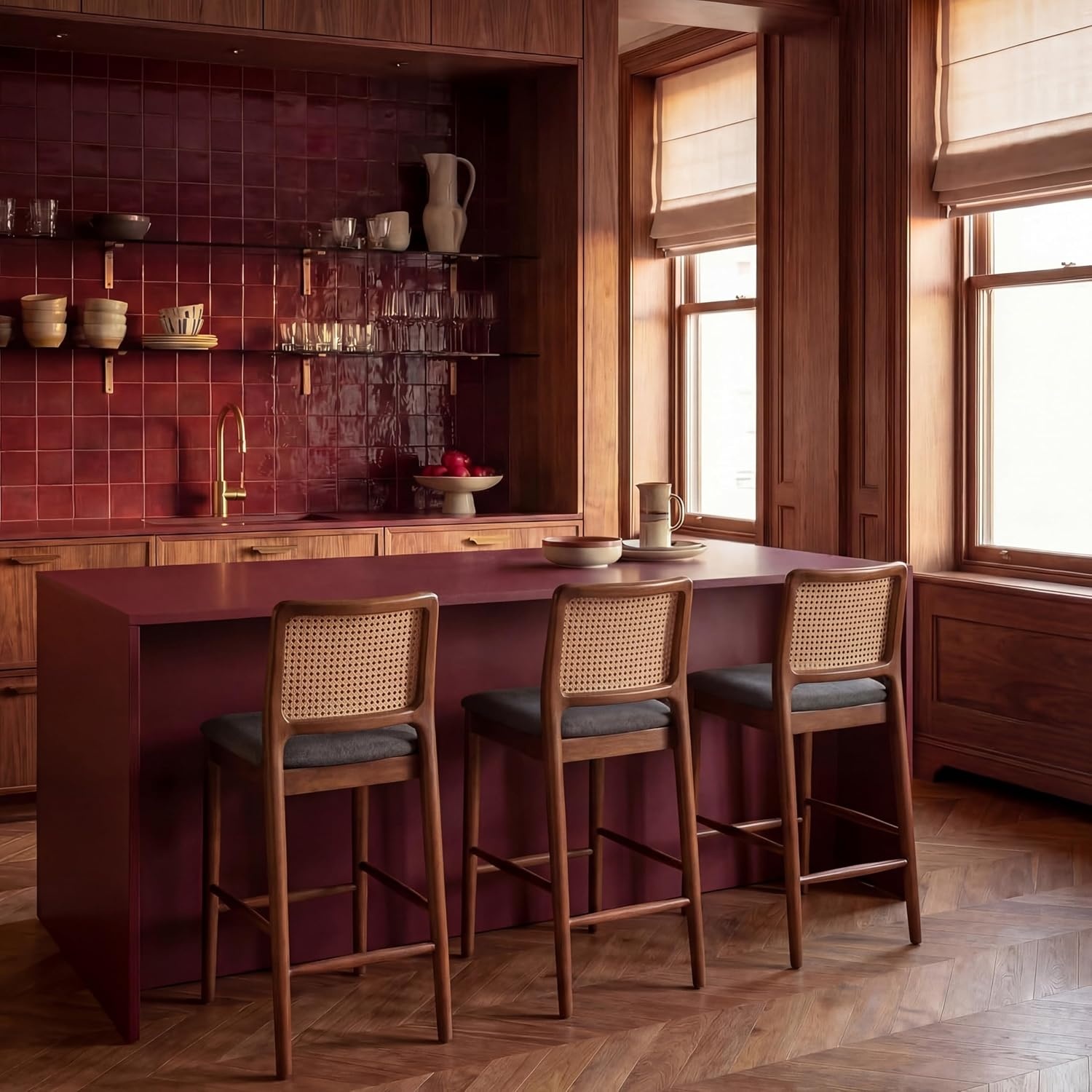 image:imageSAFAVIEH Home Collection Reinhardt Counter Stool 27inch Seat Height Walnut Brown Solid Wood Frame amp Grey Seat with Rattan Back BST8800BGreyWalnut