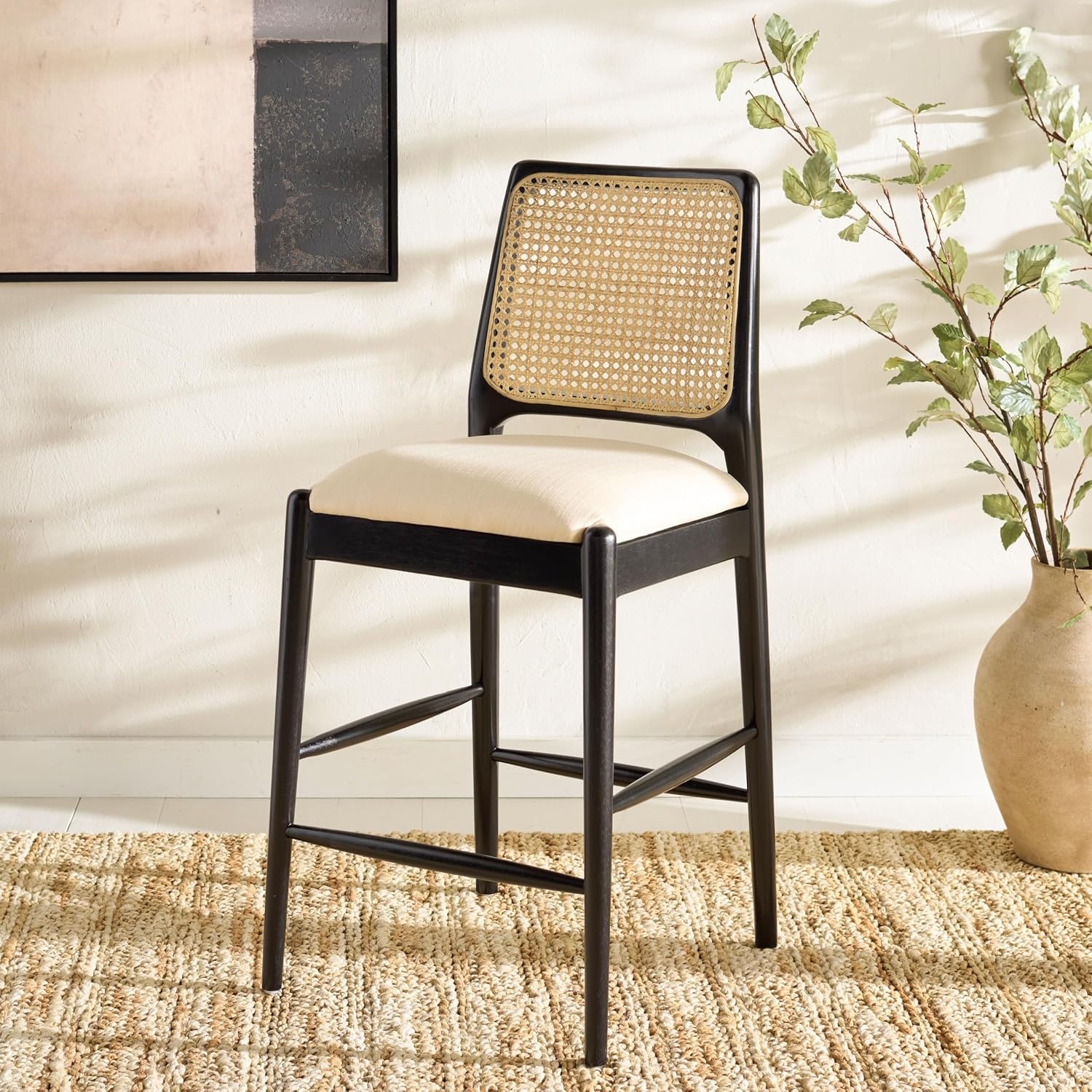 image:imageSAFAVIEH Home Collection Reinhardt Counter Stool 27inch Seat Height Walnut Brown Solid Wood Frame amp Grey Seat with Rattan Back BST8800BWhiteBlack