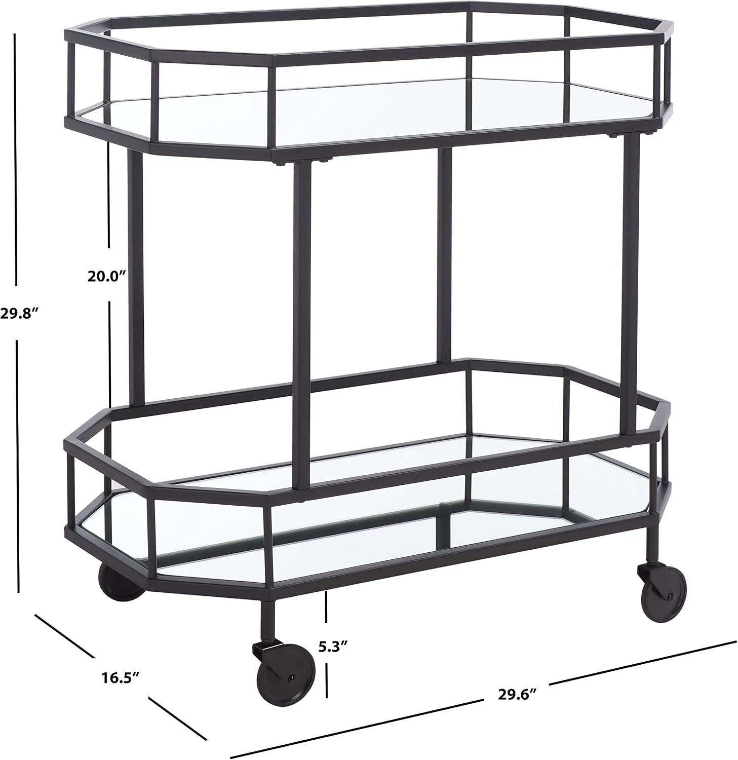 image:imageSAFAVIEH Home Collection Silva Black 2Tier Octagon Bar Cart with Mirrored Shelves amp Wheels Glam Art Deco Rolling Bar Cart for Entertaining BCT8004DMatteBlack