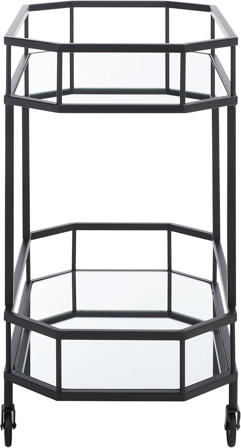 image:imageSAFAVIEH Home Collection Silva Black 2Tier Octagon Bar Cart with Mirrored Shelves amp Wheels Glam Art Deco Rolling Bar Cart for Entertaining BCT8004DMatteBlack