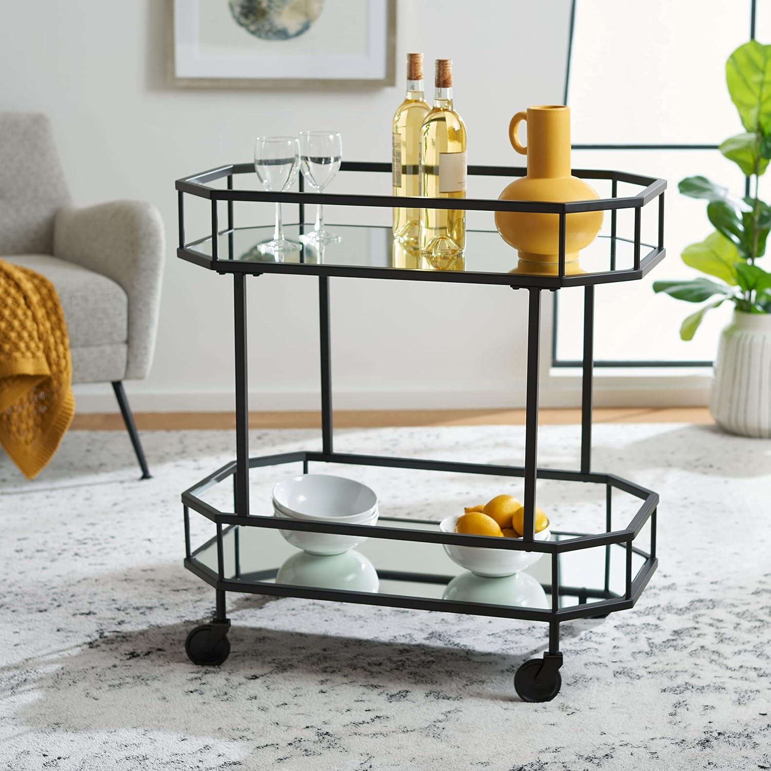 image:imageSAFAVIEH Home Collection Silva Black 2Tier Octagon Bar Cart with Mirrored Shelves amp Wheels Glam Art Deco Rolling Bar Cart for Entertaining BCT8004DMatteBlack