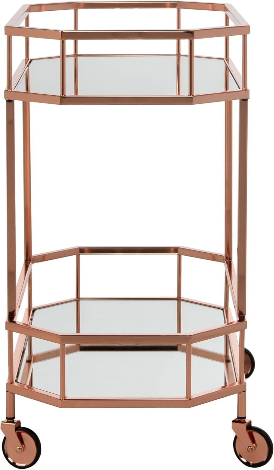 image:imageSAFAVIEH Home Collection Silva Black 2Tier Octagon Bar Cart with Mirrored Shelves amp Wheels Glam Art Deco Rolling Bar Cart for Entertaining BCT8004DRose Gold Mirror