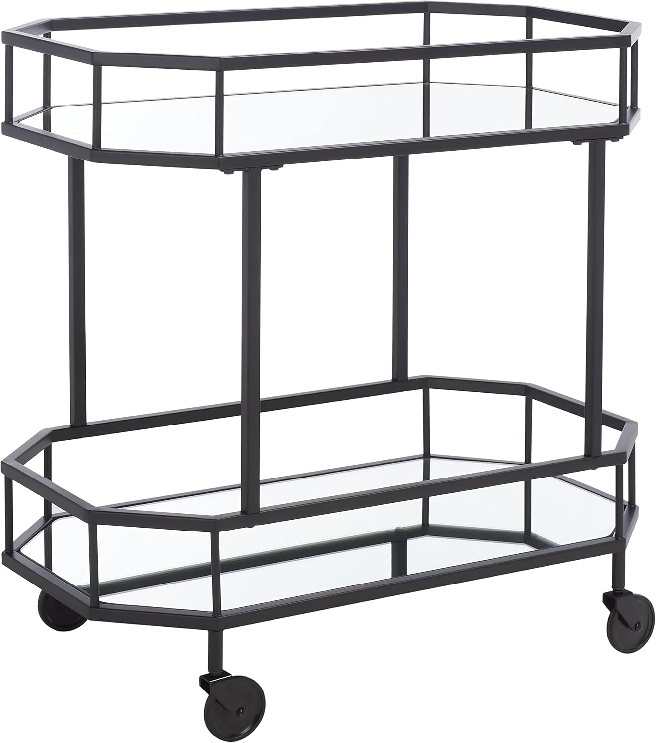 image:imageSAFAVIEH Home Collection Silva Black 2Tier Octagon Bar Cart with Mirrored Shelves amp Wheels Glam Art Deco Rolling Bar Cart for Entertaining BCT8004DMatteBlack