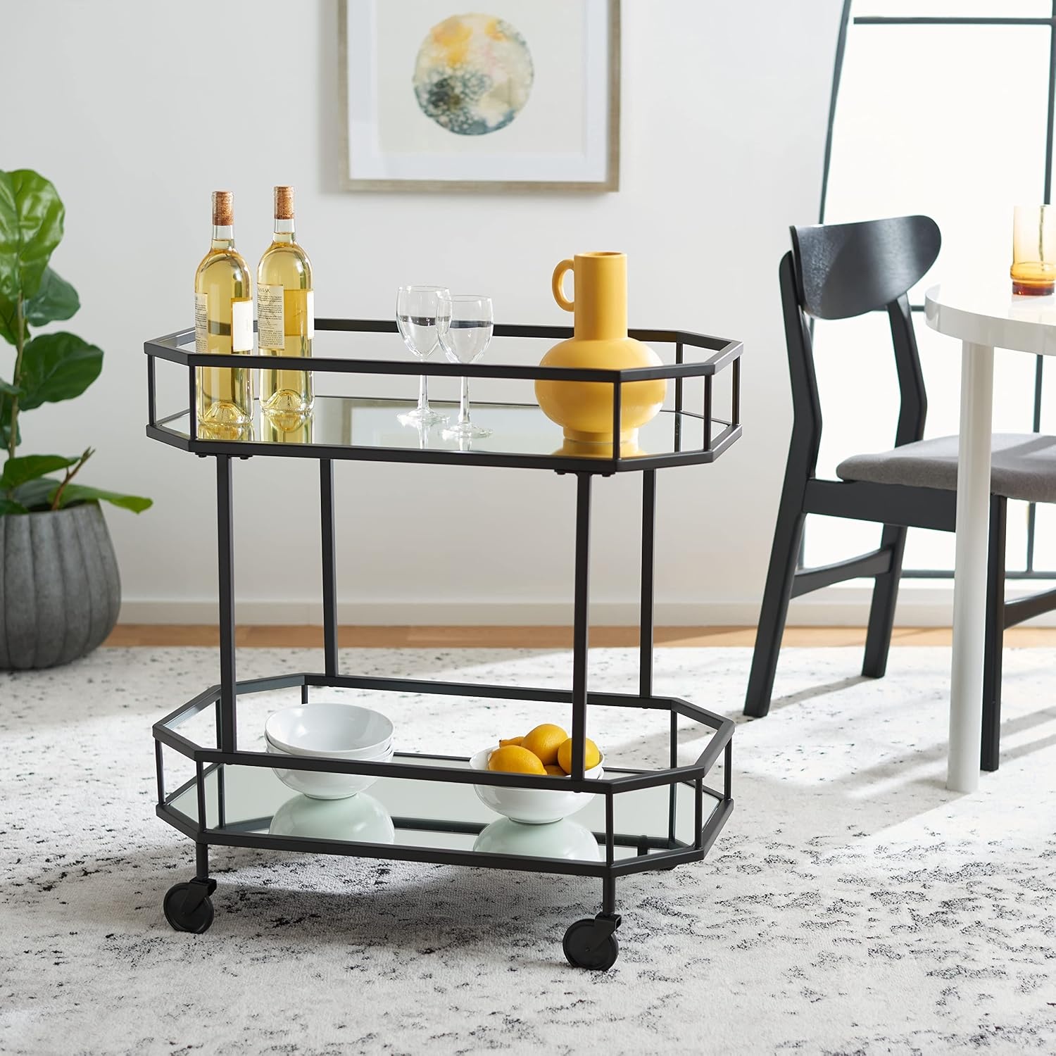 image:imageSAFAVIEH Home Collection Silva Black 2Tier Octagon Bar Cart with Mirrored Shelves amp Wheels Glam Art Deco Rolling Bar Cart for Entertaining BCT8004DMatteBlack