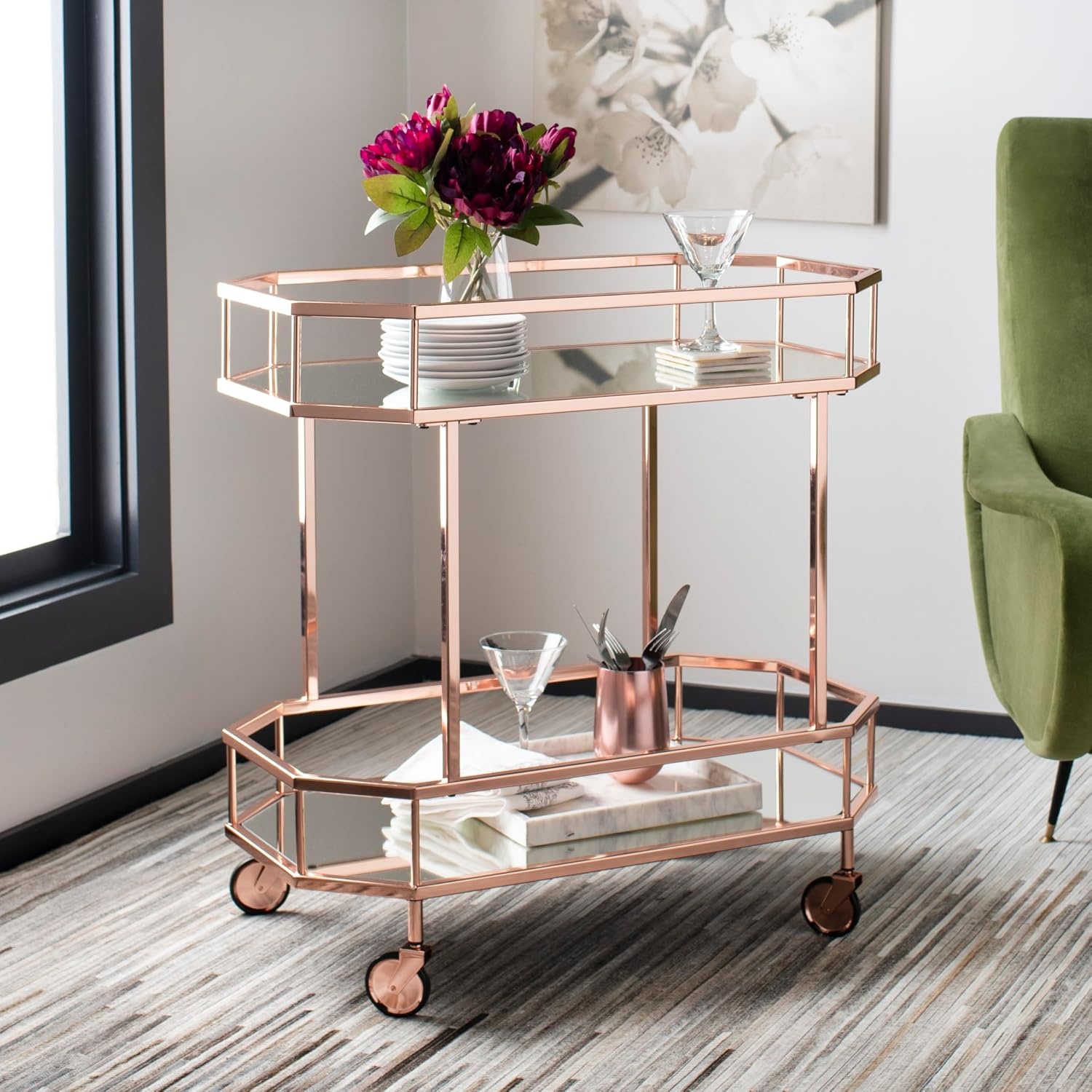 image:imageSAFAVIEH Home Collection Silva Black 2Tier Octagon Bar Cart with Mirrored Shelves amp Wheels Glam Art Deco Rolling Bar Cart for Entertaining BCT8004DRose Gold Mirror