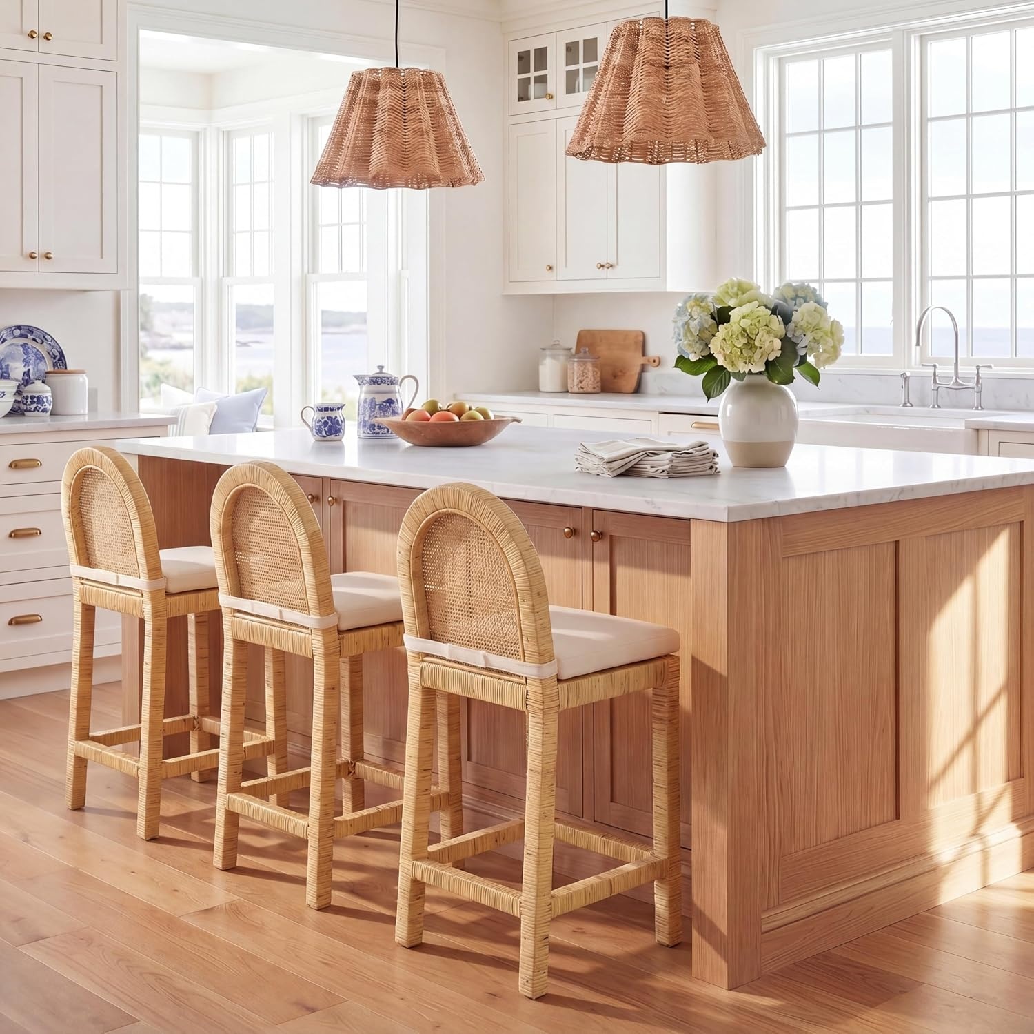 image:imageSAFAVIEH Home Collection Tojo Cane Rounded Back Counter Stool Natural Wood with White Cushion Fully Assembled BST6507ANaturalWhite