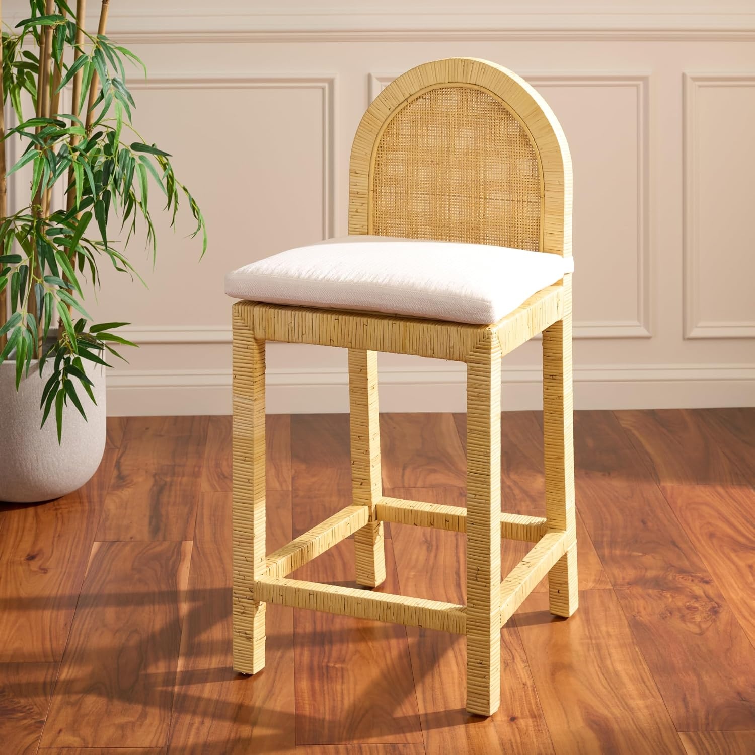 image:imageSAFAVIEH Home Collection Tojo Cane Rounded Back Counter Stool Natural Wood with White Cushion Fully Assembled BST6507ANaturalWhite