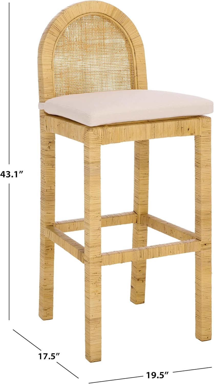 image:imageSAFAVIEH Home Collection Tojo Natural Rattan 30Inch Bar Stool Rounded Cane Back amp White Cushion Fully Assembled BST6506ANaturalWhite