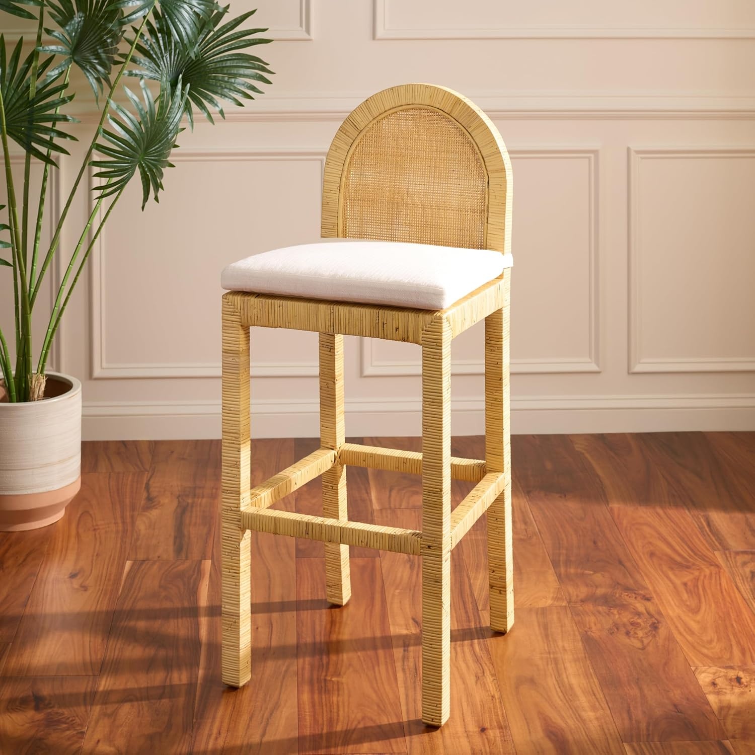 image:imageSAFAVIEH Home Collection Tojo Natural Rattan 30Inch Bar Stool Rounded Cane Back amp White Cushion Fully Assembled BST6506ANaturalWhite