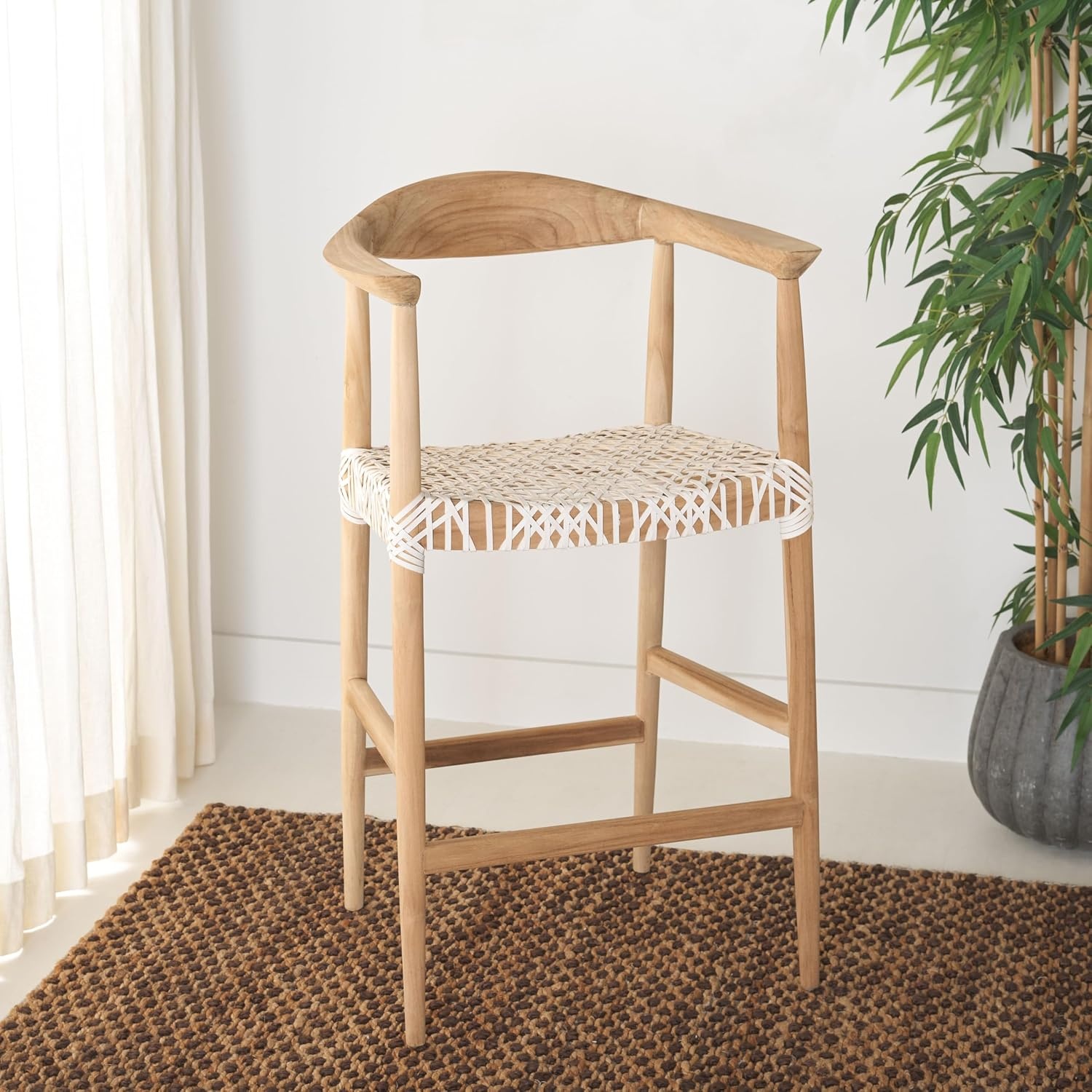 image:imageSAFAVIEH Home Collection Bandelier Natural Teak and White Leather Counter Stool