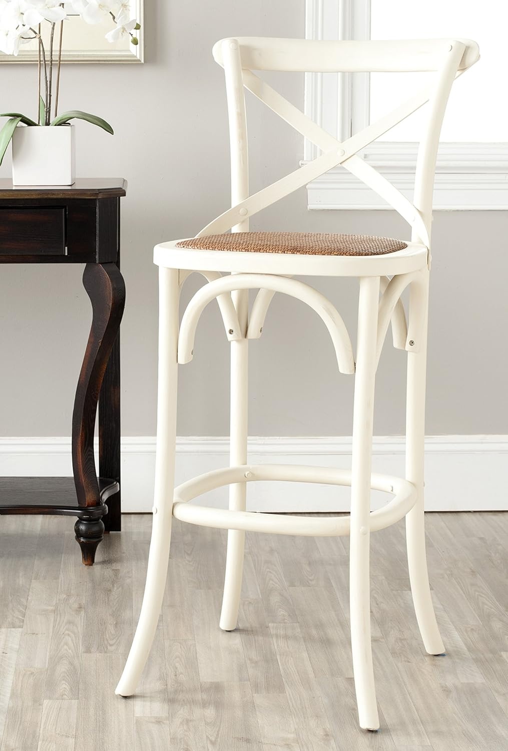 image:imageSAFAVIEH Home Collection Franklin Farmhouse Weathered Grey OakBrown Rattan XBack 30inch Kitchen Breakfast Nook Dining Pub Bar Stool Fully AssembledIvory