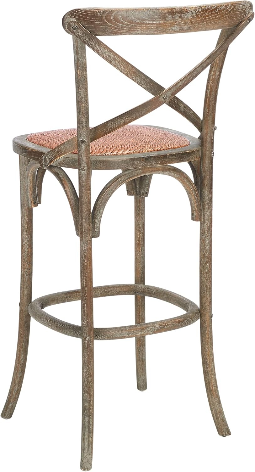 image:imageSAFAVIEH Home Collection Franklin Farmhouse Weathered Grey OakBrown Rattan XBack 30inch Kitchen Breakfast Nook Dining Pub Bar Stool Fully AssembledWeatheredGrey