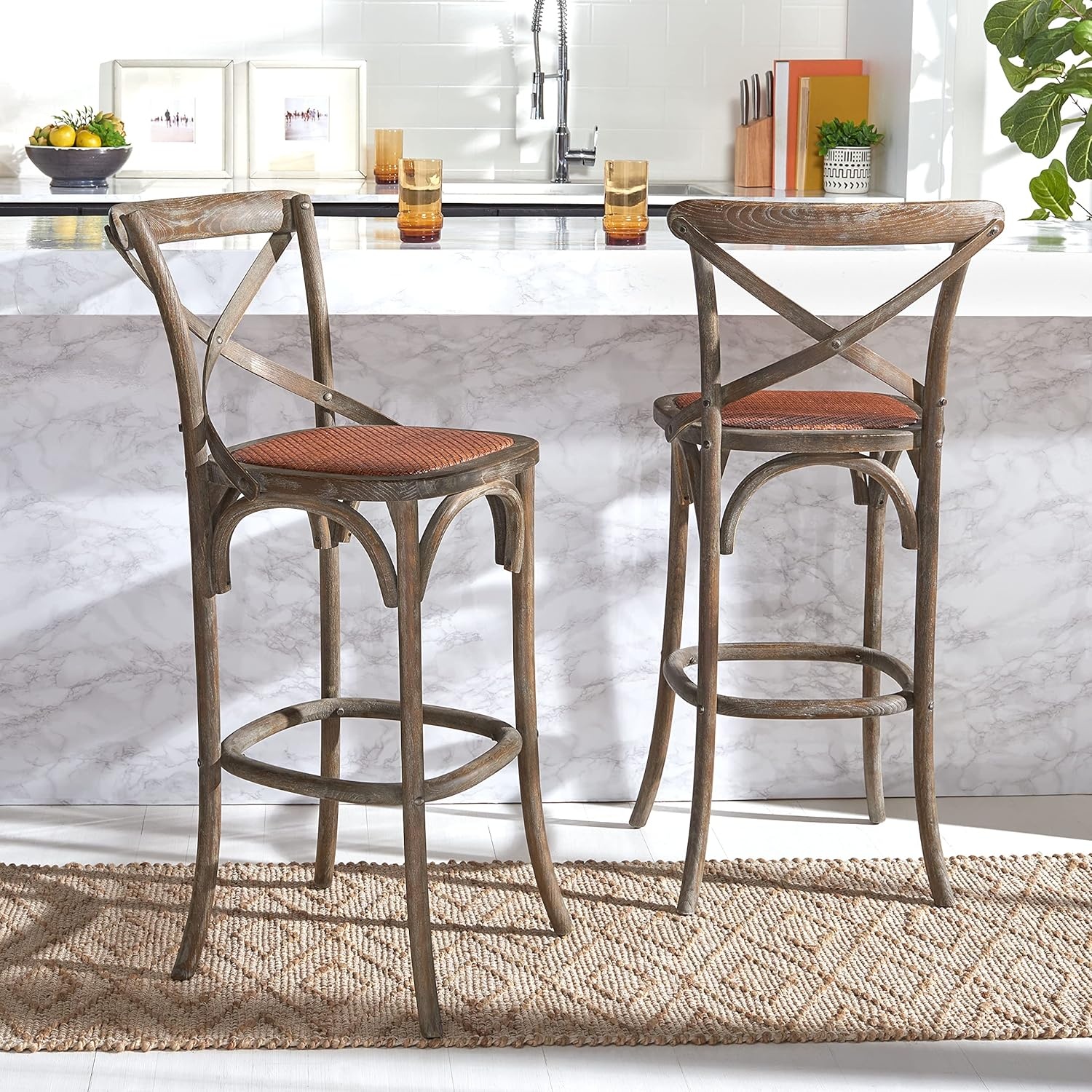 image:imageSAFAVIEH Home Collection Franklin Farmhouse Weathered Grey OakBrown Rattan XBack 30inch Kitchen Breakfast Nook Dining Pub Bar Stool Fully AssembledWeatheredGrey