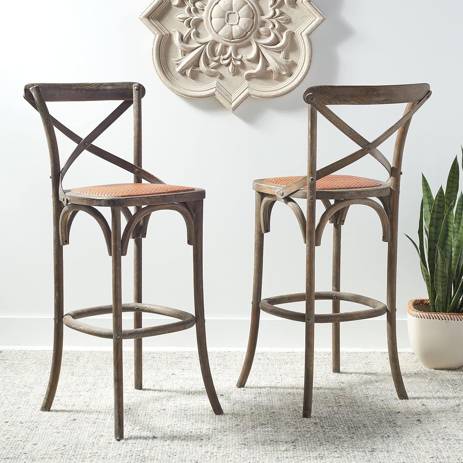 image:imageSAFAVIEH Home Collection Franklin Farmhouse Weathered Grey OakBrown Rattan XBack 30inch Kitchen Breakfast Nook Dining Pub Bar Stool Fully AssembledWeatheredGrey