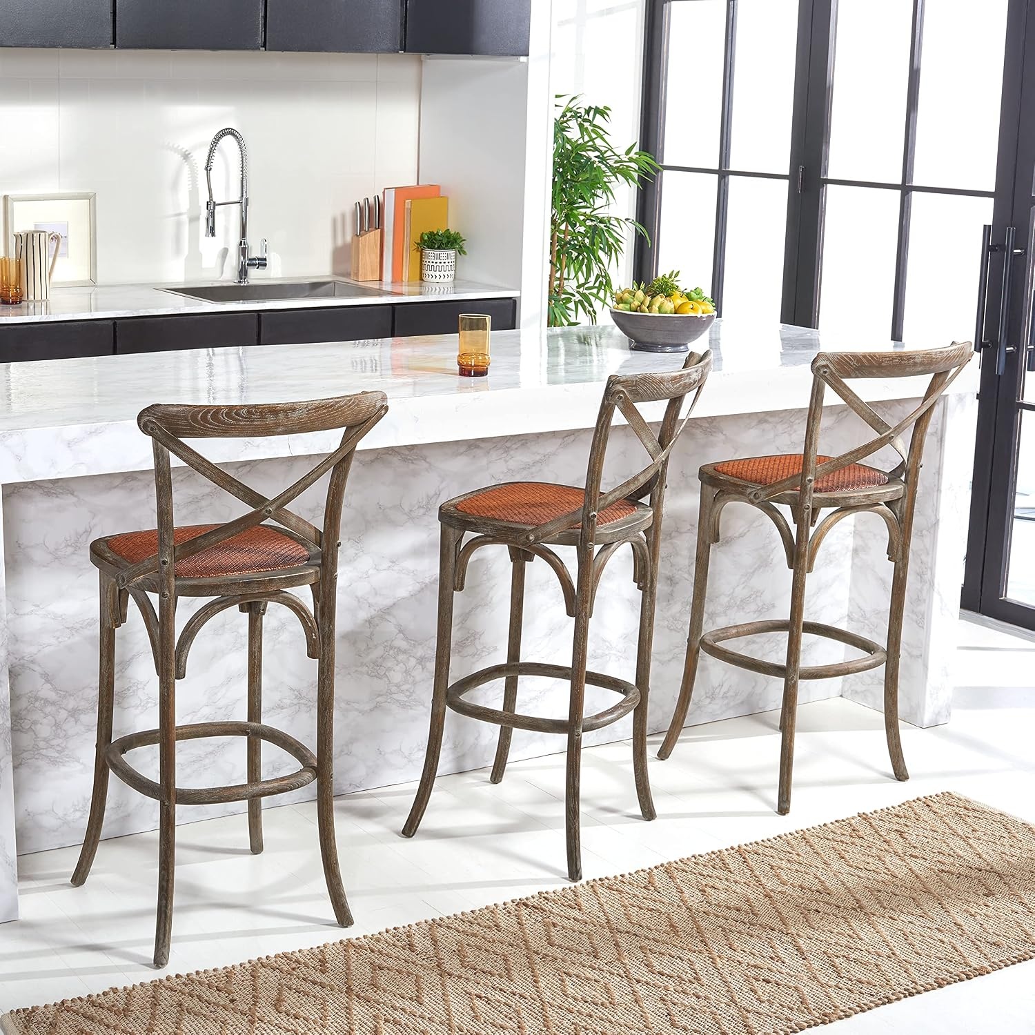 image:imageSAFAVIEH Home Collection Franklin Farmhouse Weathered Grey OakBrown Rattan XBack 30inch Kitchen Breakfast Nook Dining Pub Bar Stool Fully AssembledWeatheredGrey