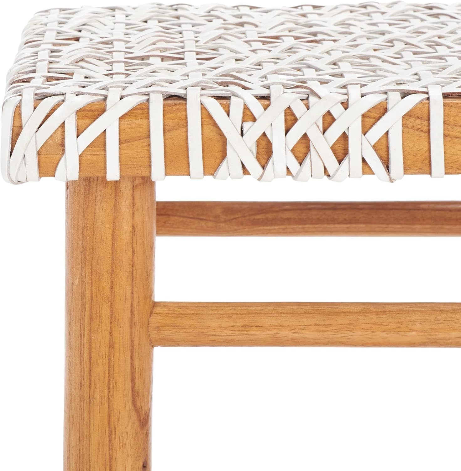image:imageSAFAVIEH Home Collection Kaleo Natural Solid WoodWhite Woven Leather 24inch Seat Height Counter Stool Fully AssembledWhiteNatural