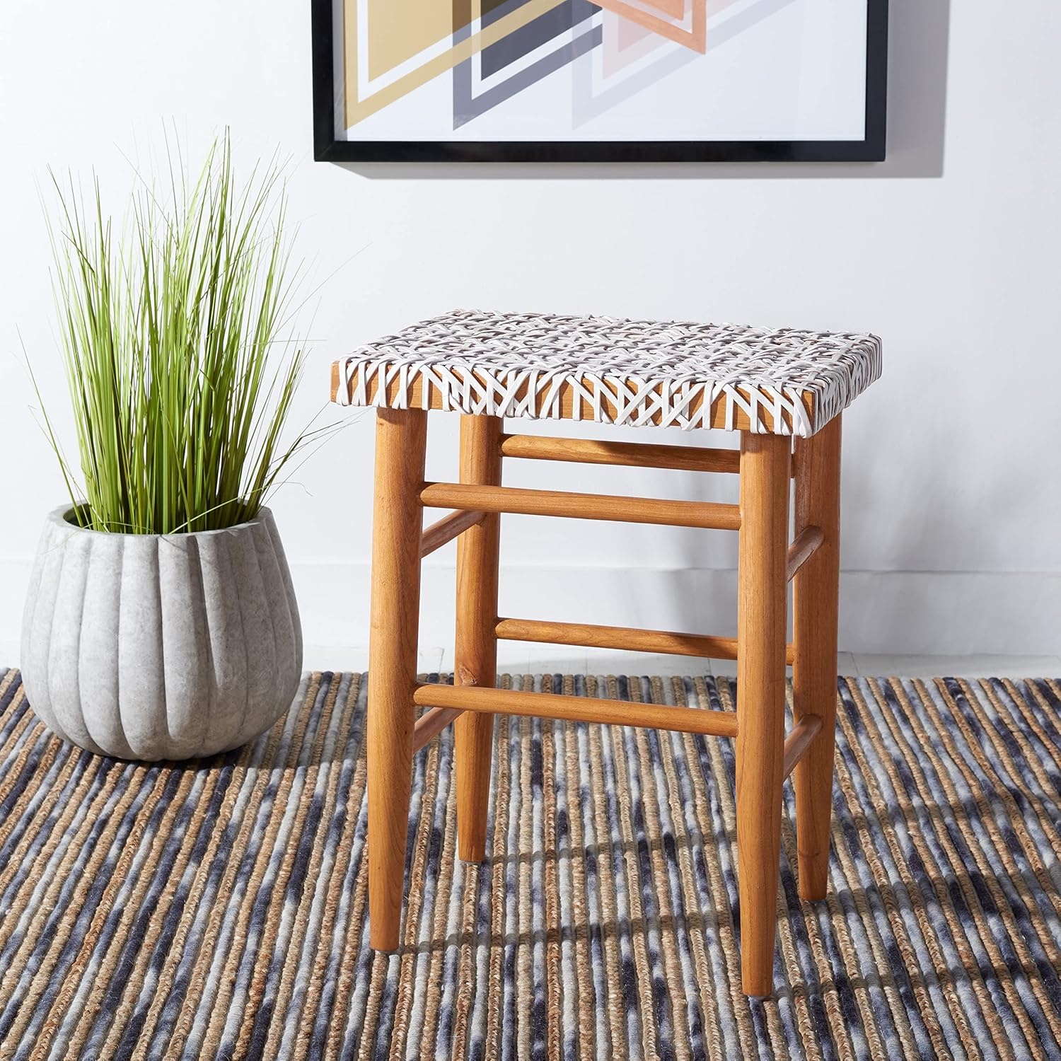 image:imageSAFAVIEH Home Collection Kaleo Natural Solid WoodWhite Woven Leather 24inch Seat Height Counter Stool Fully AssembledWhiteNatural