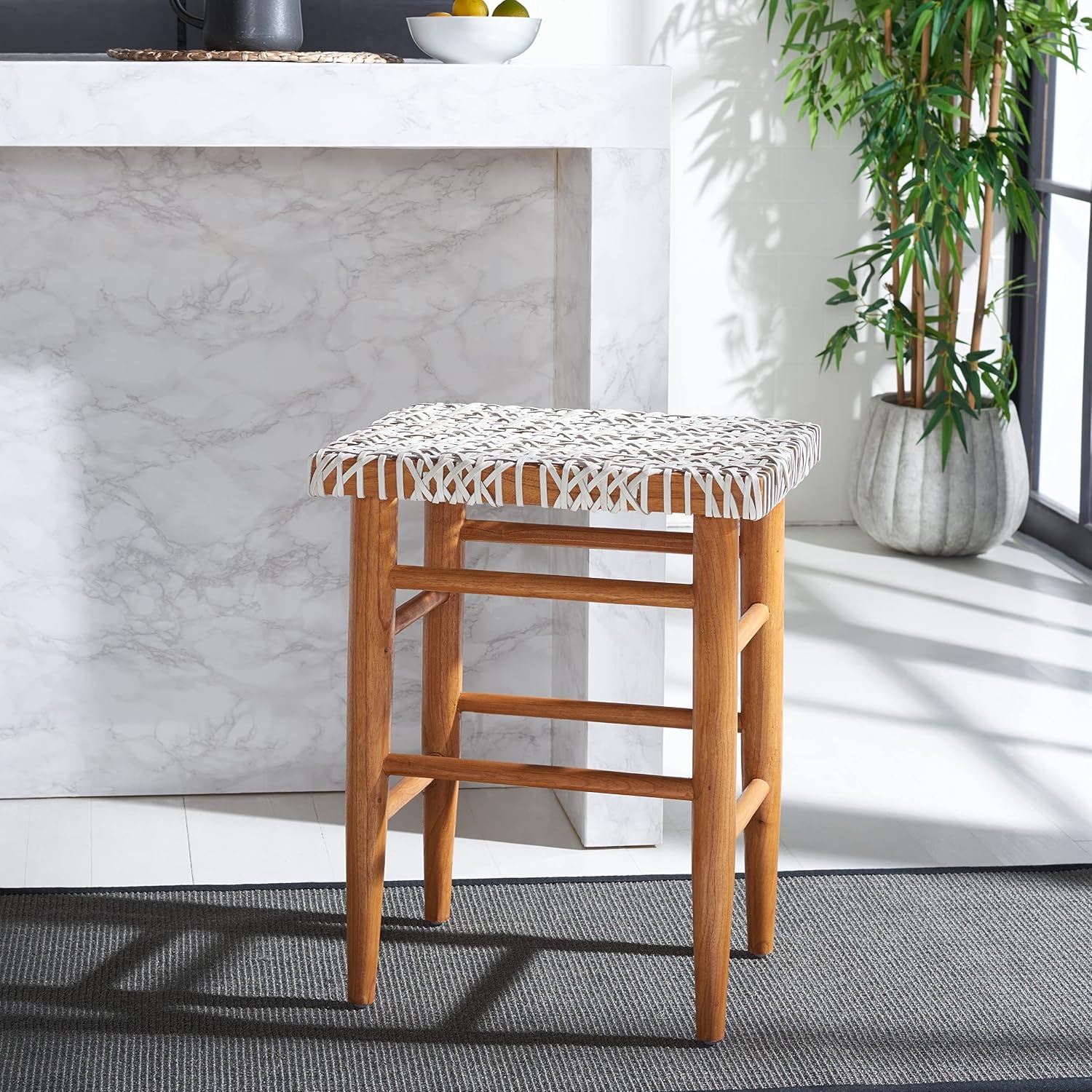 image:imageSAFAVIEH Home Collection Kaleo Natural Solid WoodWhite Woven Leather 24inch Seat Height Counter Stool Fully AssembledWhiteNatural