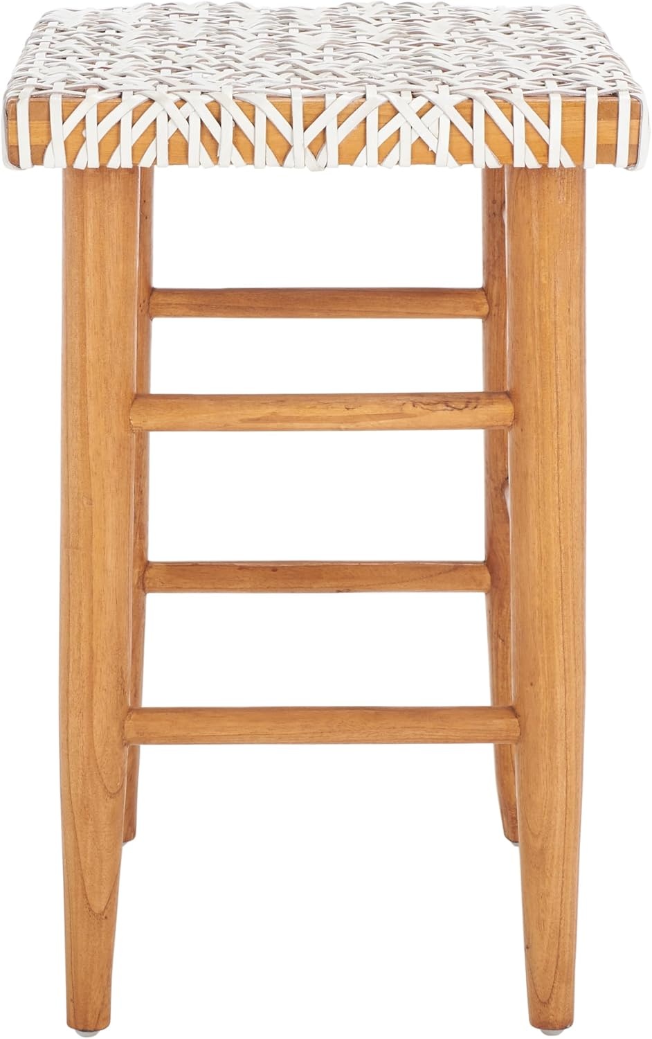 image:imageSAFAVIEH Home Collection Kaleo Natural Solid WoodWhite Woven Leather 24inch Seat Height Counter Stool Fully AssembledWhiteNatural