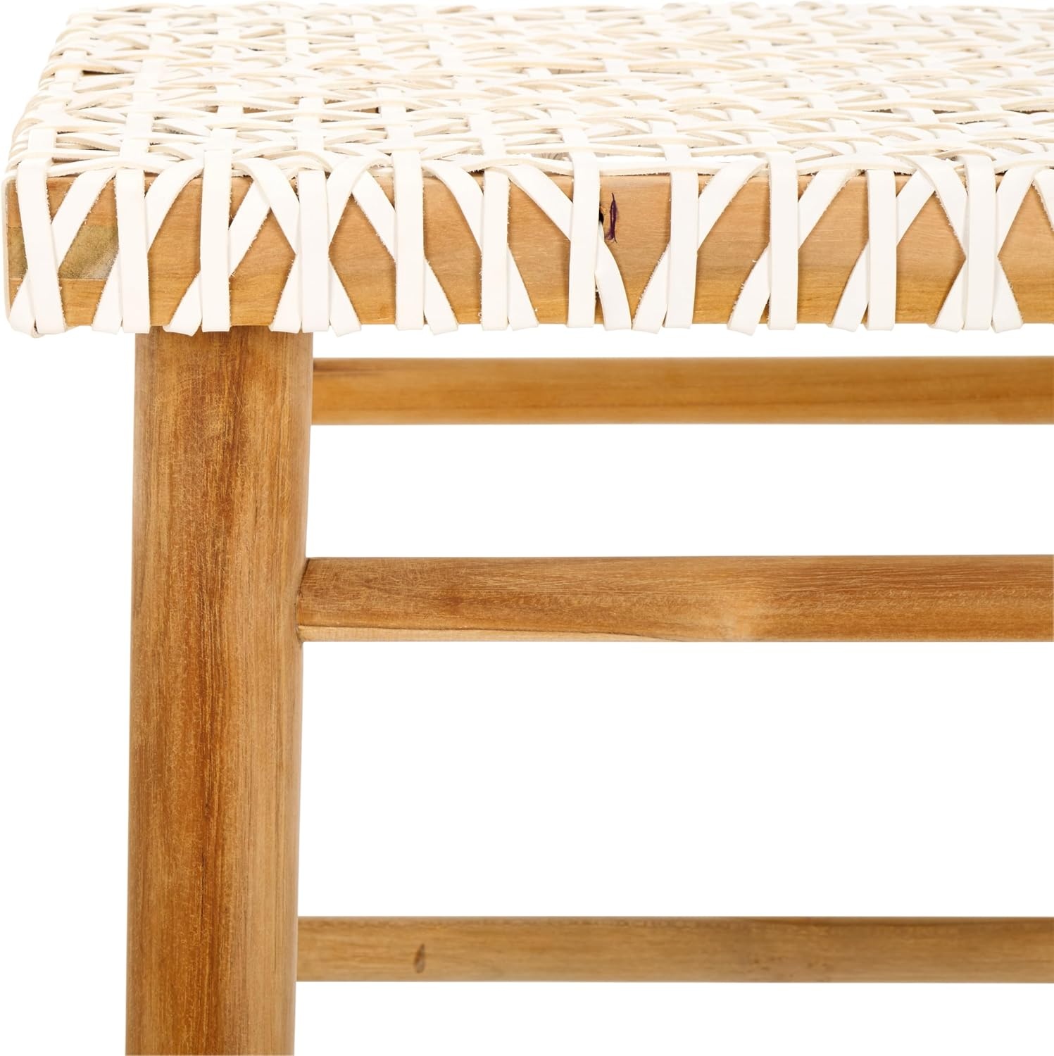 image:imageSAFAVIEH Home Collection Kaleo Natural Solid WoodWhite Woven Leather 24inch Seat Height Counter Stool Fully AssembledWhiteNatural Teak