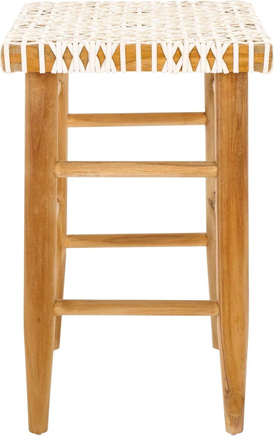 image:imageSAFAVIEH Home Collection Kaleo Natural Solid WoodWhite Woven Leather 24inch Seat Height Counter Stool Fully AssembledWhiteNatural Teak