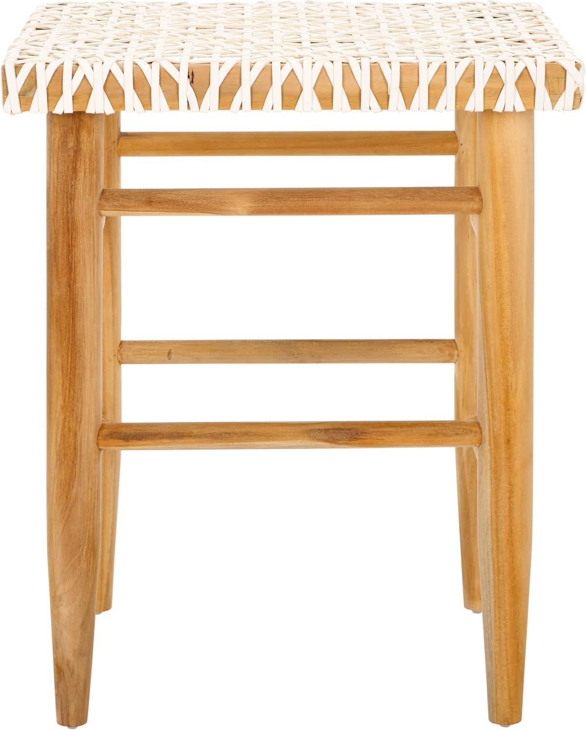 image:imageSAFAVIEH Home Collection Kaleo Natural Solid WoodWhite Woven Leather 24inch Seat Height Counter Stool Fully AssembledWhiteNatural Teak