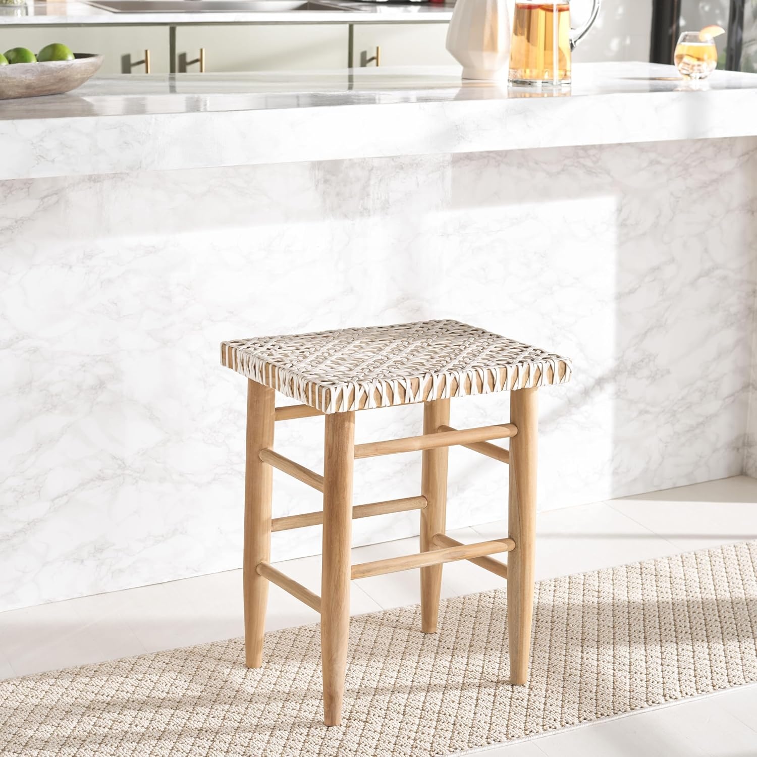 image:imageSAFAVIEH Home Collection Kaleo Natural Solid WoodWhite Woven Leather 24inch Seat Height Counter Stool Fully AssembledWhiteNatural Teak