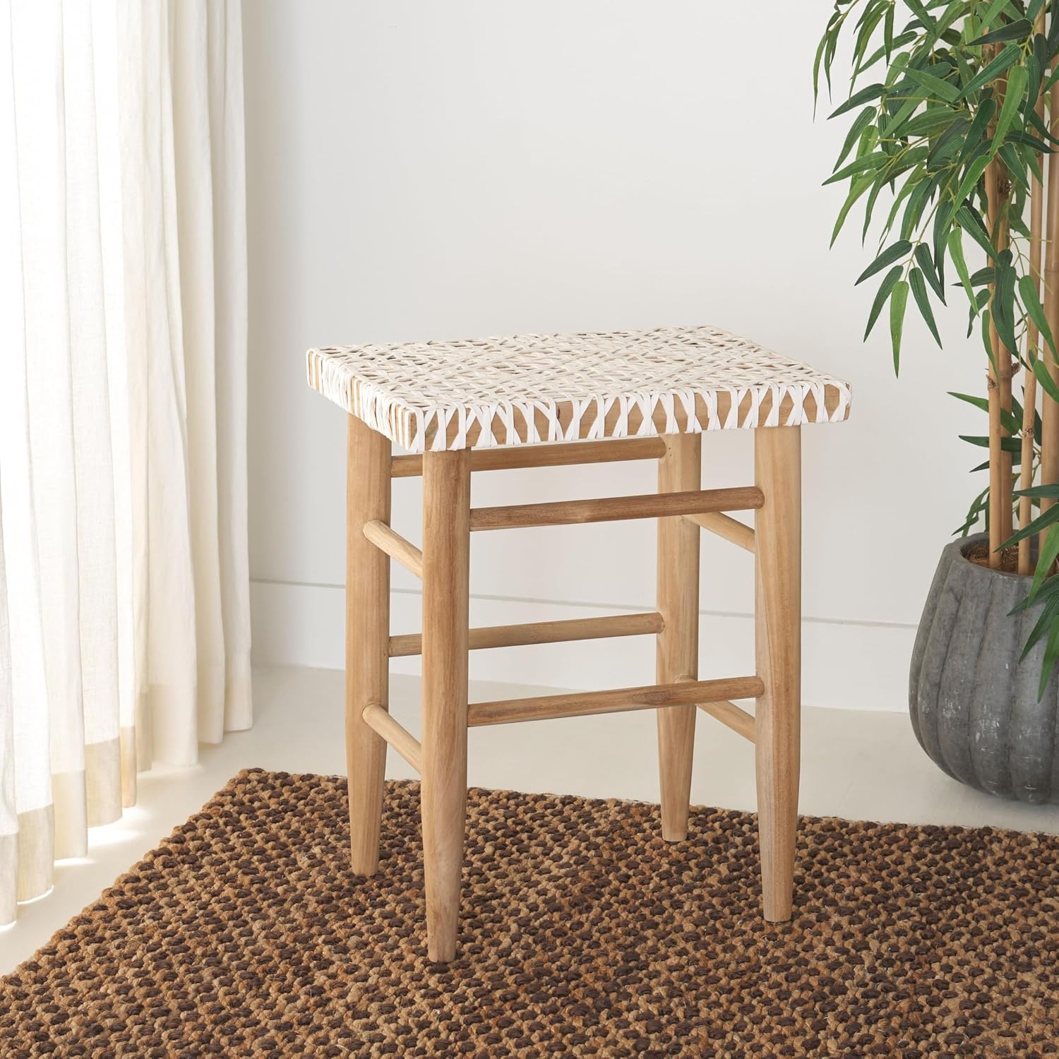 image:imageSAFAVIEH Home Collection Kaleo Natural Solid WoodWhite Woven Leather 24inch Seat Height Counter Stool Fully AssembledWhiteNatural Teak