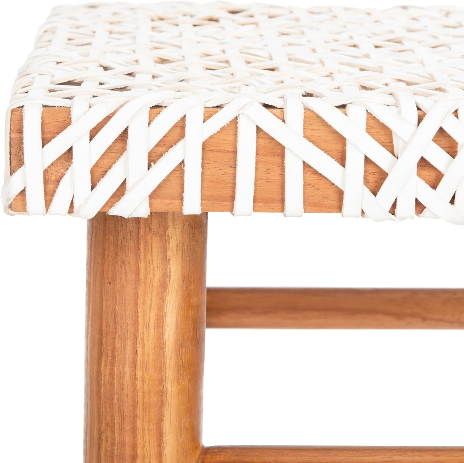 image:imageSAFAVIEH Home Collection Kaleo Natural Teak Solid WoodWhite Woven Leather 30inch Seat Height Bar Stool Fully AssembledWhiteNatural
