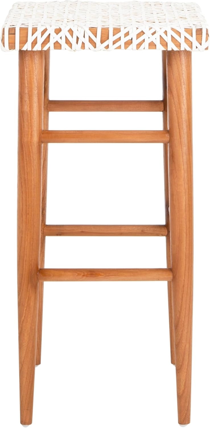 image:imageSAFAVIEH Home Collection Kaleo Natural Teak Solid WoodWhite Woven Leather 30inch Seat Height Bar Stool Fully AssembledWhiteNatural