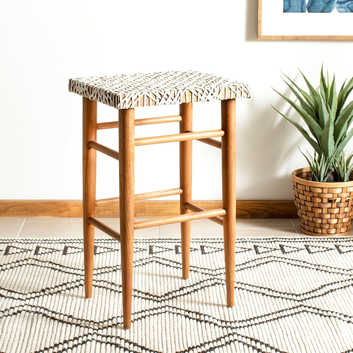 image:imageSAFAVIEH Home Collection Kaleo Natural Teak Solid WoodWhite Woven Leather 30inch Seat Height Bar Stool Fully AssembledWhiteNatural