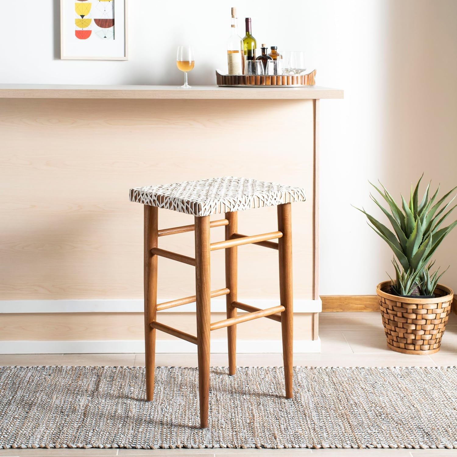 image:imageSAFAVIEH Home Collection Kaleo Natural Teak Solid WoodWhite Woven Leather 30inch Seat Height Bar Stool Fully AssembledWhiteNatural