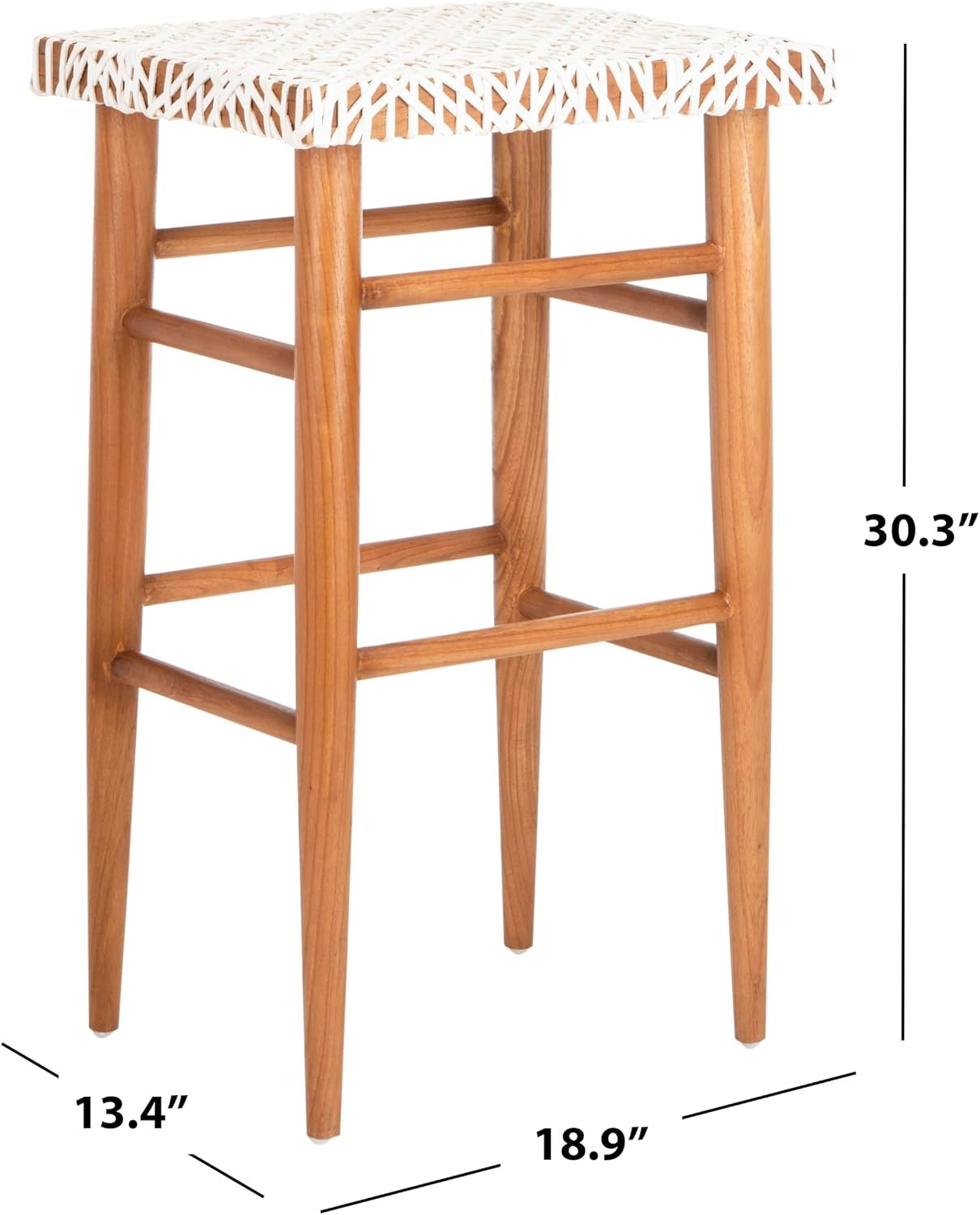 image:imageSAFAVIEH Home Collection Kaleo Natural Teak Solid WoodWhite Woven Leather 30inch Seat Height Bar Stool Fully AssembledWhiteNatural
