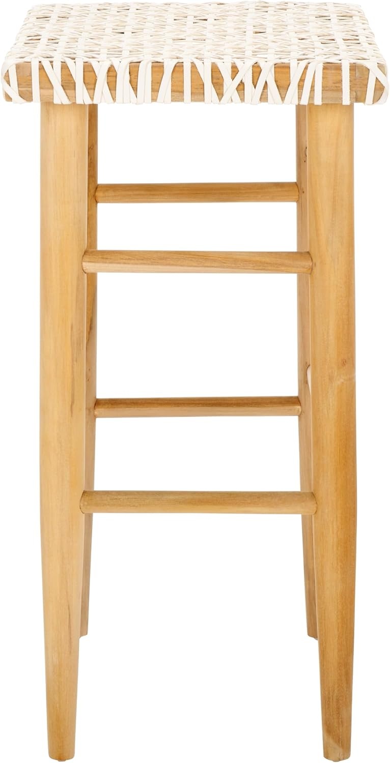 image:imageSAFAVIEH Home Collection Kaleo Natural Teak Solid WoodWhite Woven Leather 30inch Seat Height Bar Stool Fully AssembledWhiteNatural Teak
