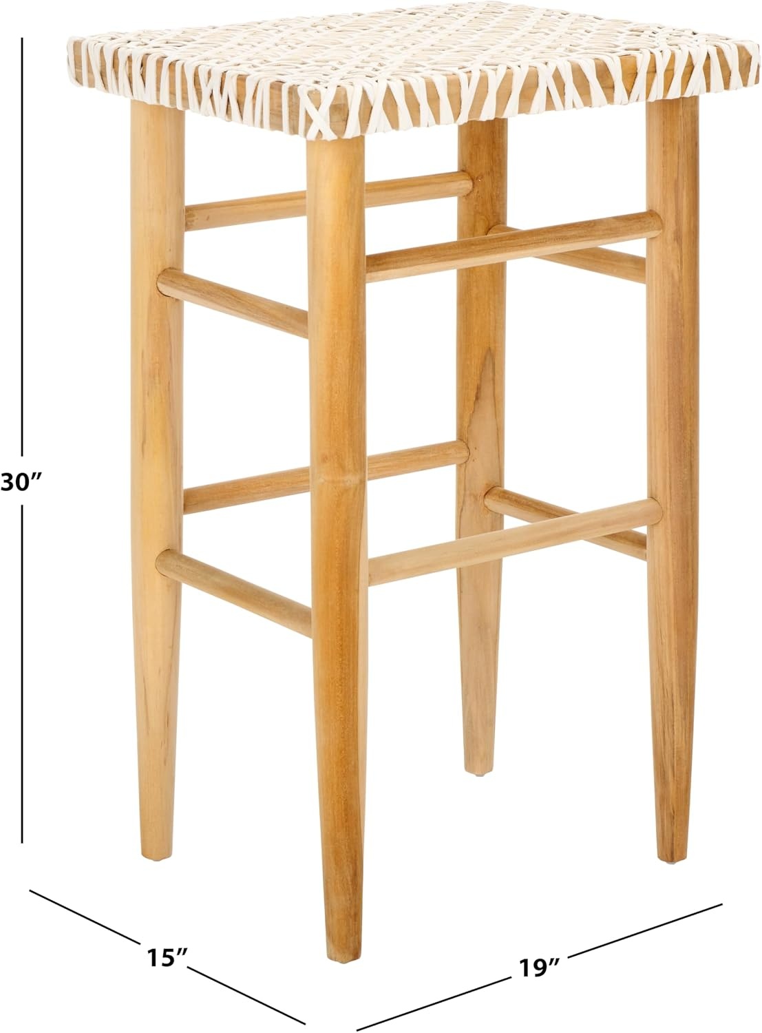 image:imageSAFAVIEH Home Collection Kaleo Natural Teak Solid WoodWhite Woven Leather 30inch Seat Height Bar Stool Fully AssembledWhiteNatural Teak