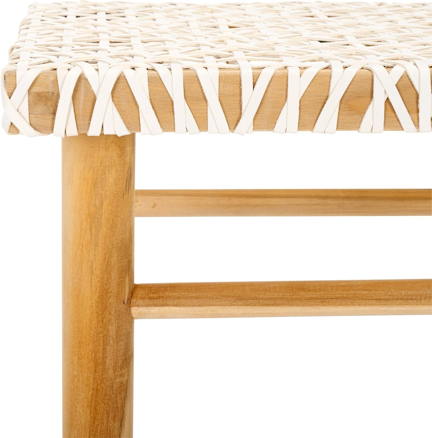 image:imageSAFAVIEH Home Collection Kaleo Natural Teak Solid WoodWhite Woven Leather 30inch Seat Height Bar Stool Fully AssembledWhiteNatural Teak