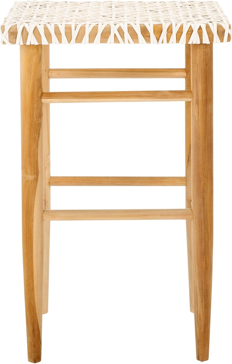 image:imageSAFAVIEH Home Collection Kaleo Natural Teak Solid WoodWhite Woven Leather 30inch Seat Height Bar Stool Fully AssembledWhiteNatural Teak