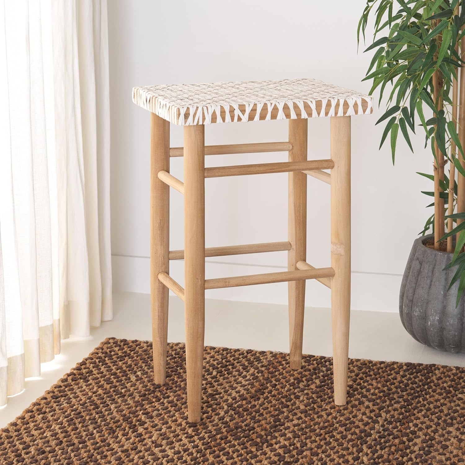 image:imageSAFAVIEH Home Collection Kaleo Natural Teak Solid WoodWhite Woven Leather 30inch Seat Height Bar Stool Fully AssembledWhiteNatural Teak