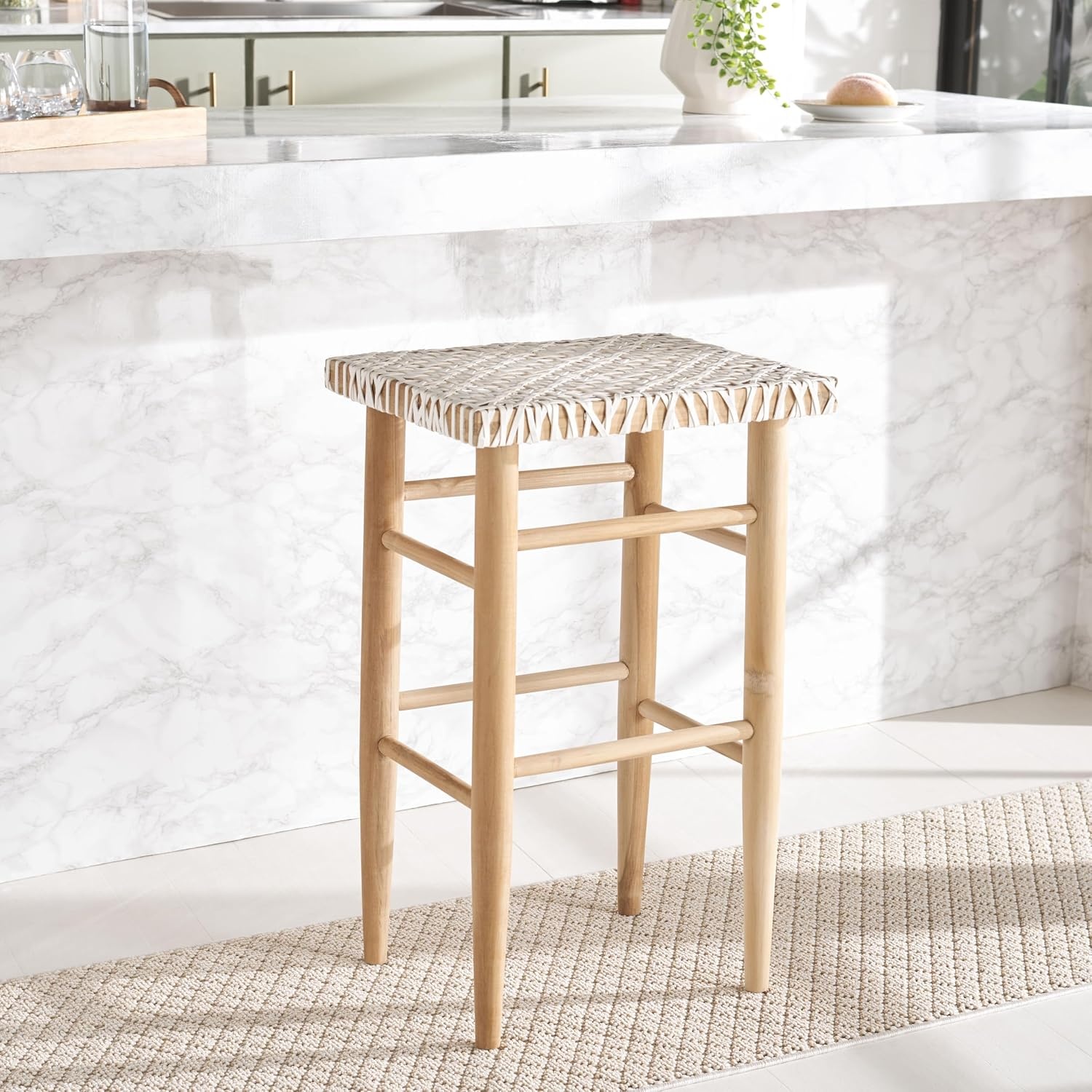 image:imageSAFAVIEH Home Collection Kaleo Natural Teak Solid WoodWhite Woven Leather 30inch Seat Height Bar Stool Fully AssembledWhiteNatural Teak