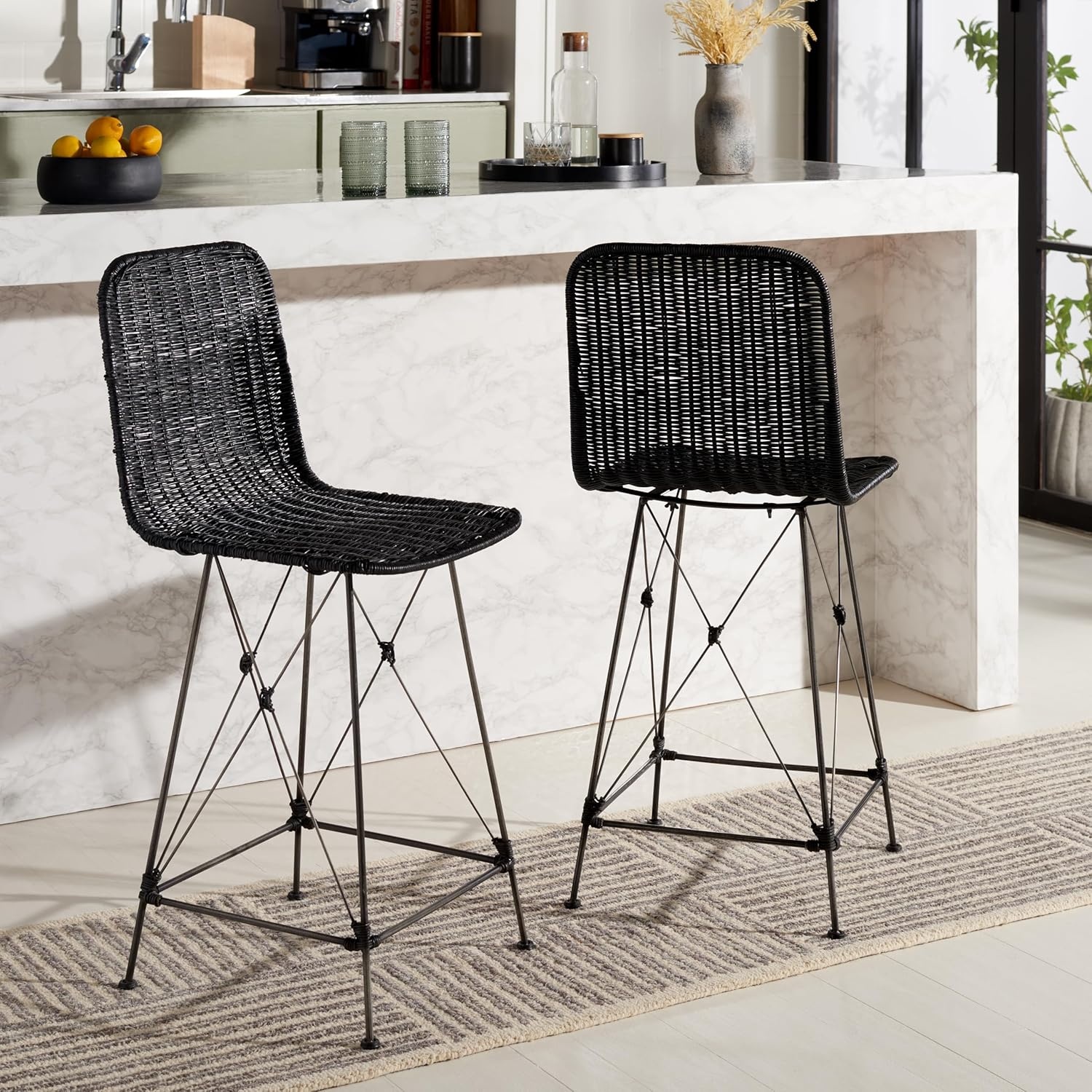 image:imageSAFAVIEH Home Collection Minerva Dark Brown RattanBlack Counter Stool Set of 2BlackBlack
