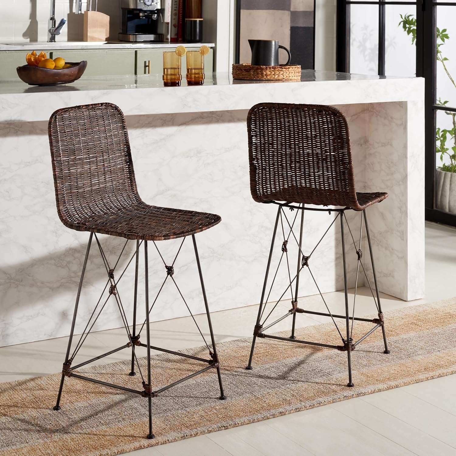 image:imageSAFAVIEH Home Collection Minerva Dark Brown RattanBlack Counter Stool Set of 2Dark BrownBlack